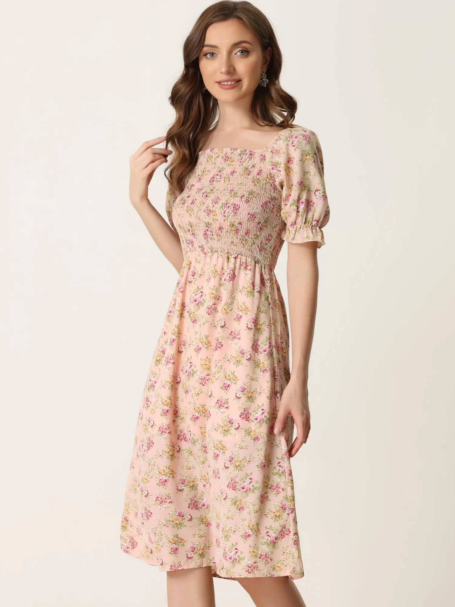 Square Neck Puff Sleeve Shirred Floral Casual Midi Dress sold by Allegra K product image thumbnail 2