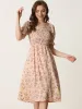 Square Neck Puff Sleeve Shirred Floral Casual Midi Dress sold by Allegra K