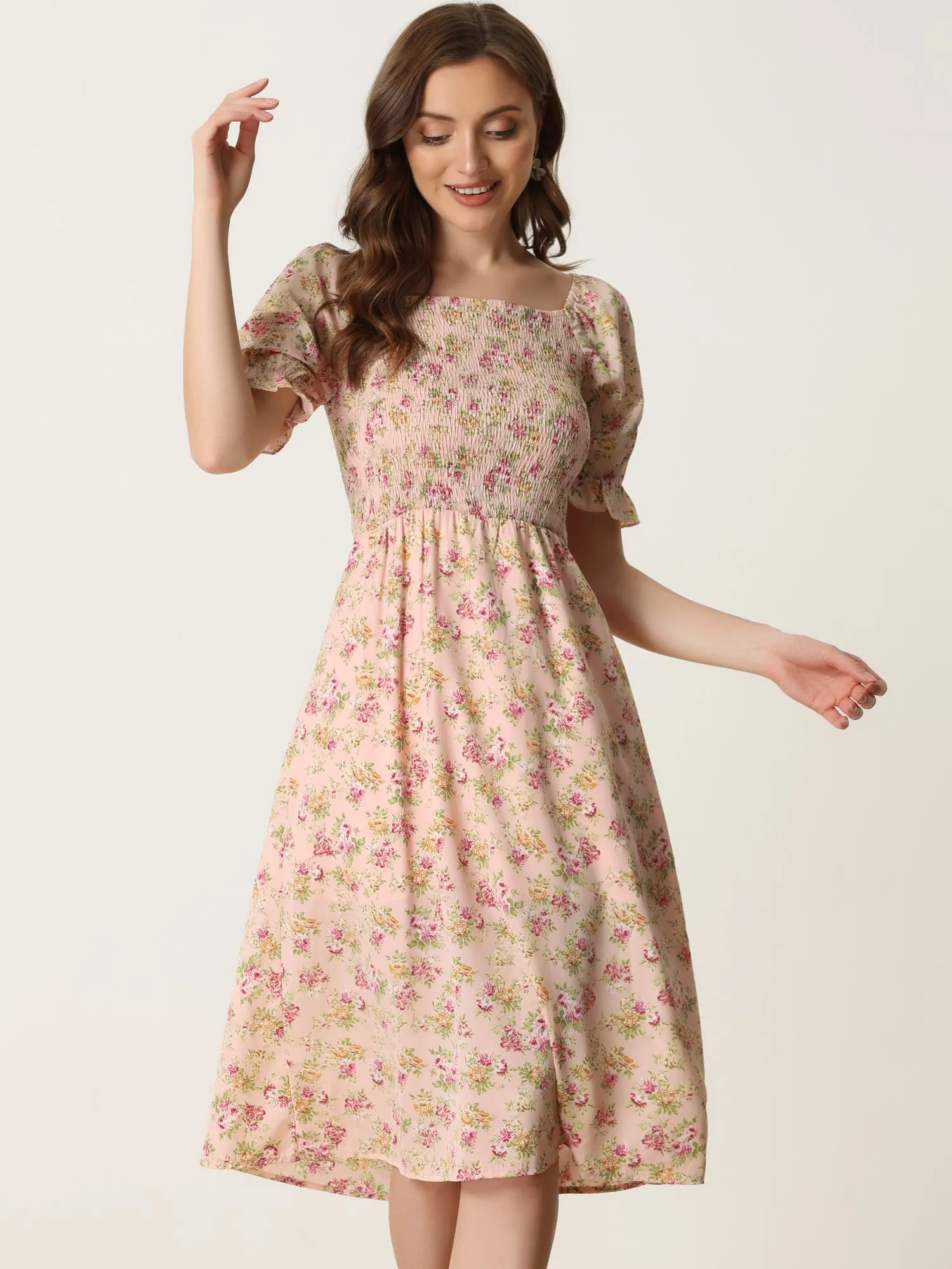 Square Neck Puff Sleeve Shirred Floral Casual Midi Dress sold by Allegra K