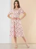 Square Neck Puff Sleeve Shirred Floral Casual Midi Dress sold by Allegra K