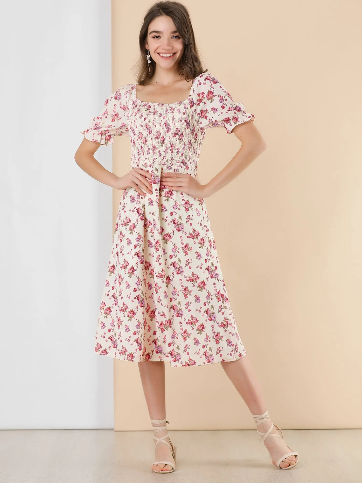 Square Neck Puff Sleeve Shirred Floral Casual Midi Dress sold by Allegra K product image thumbnail 5