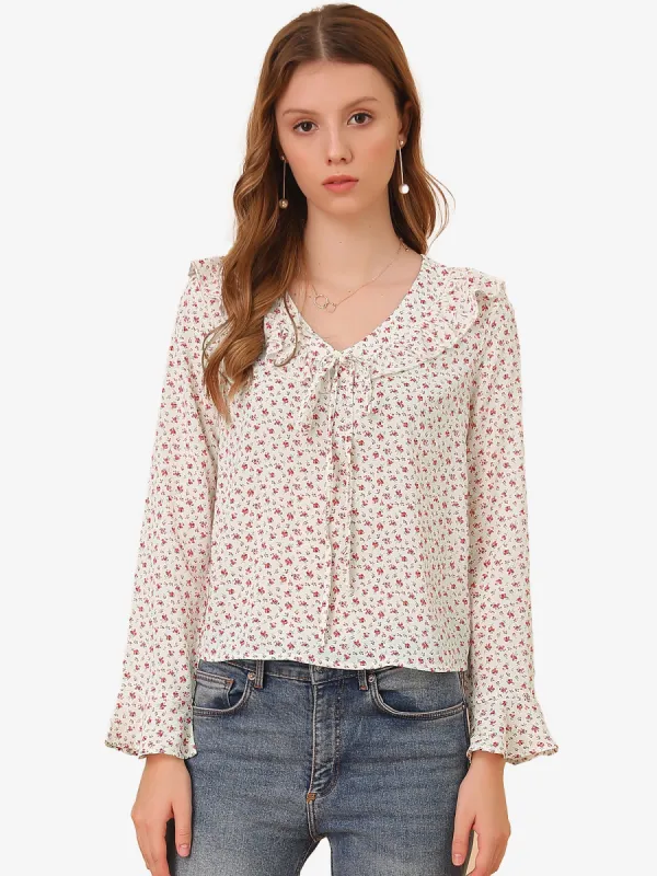Floral 3/4 Flare Sleeve Ruffle V Neck Chiffon Blouse Top sold by Allegra K