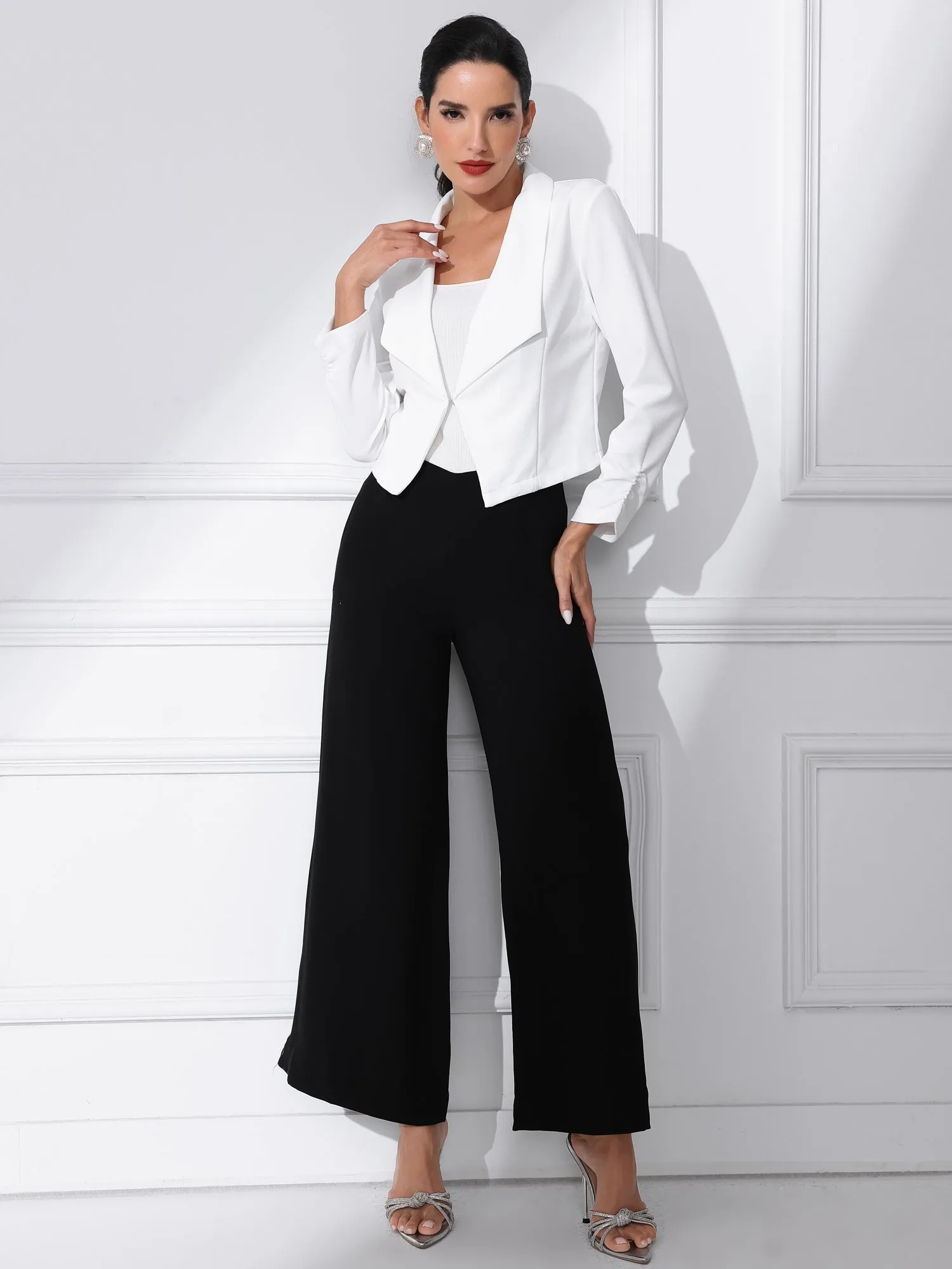 Notched Lapel Ruched Sleeve Business Cropped Jacket Blazer sold by Allegra K