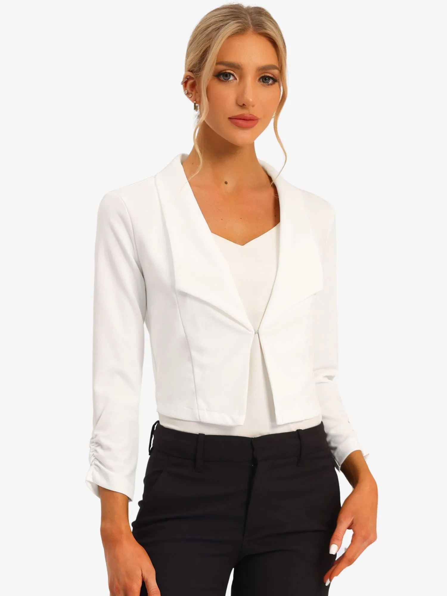 Notched Lapel Ruched Sleeve Business Cropped Jacket Blazer sold by Allegra K product image thumbnail 2