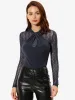 Party Twist Neckline Glitter Sheer Mesh Long Sleeve Blouse sold by Allegra K