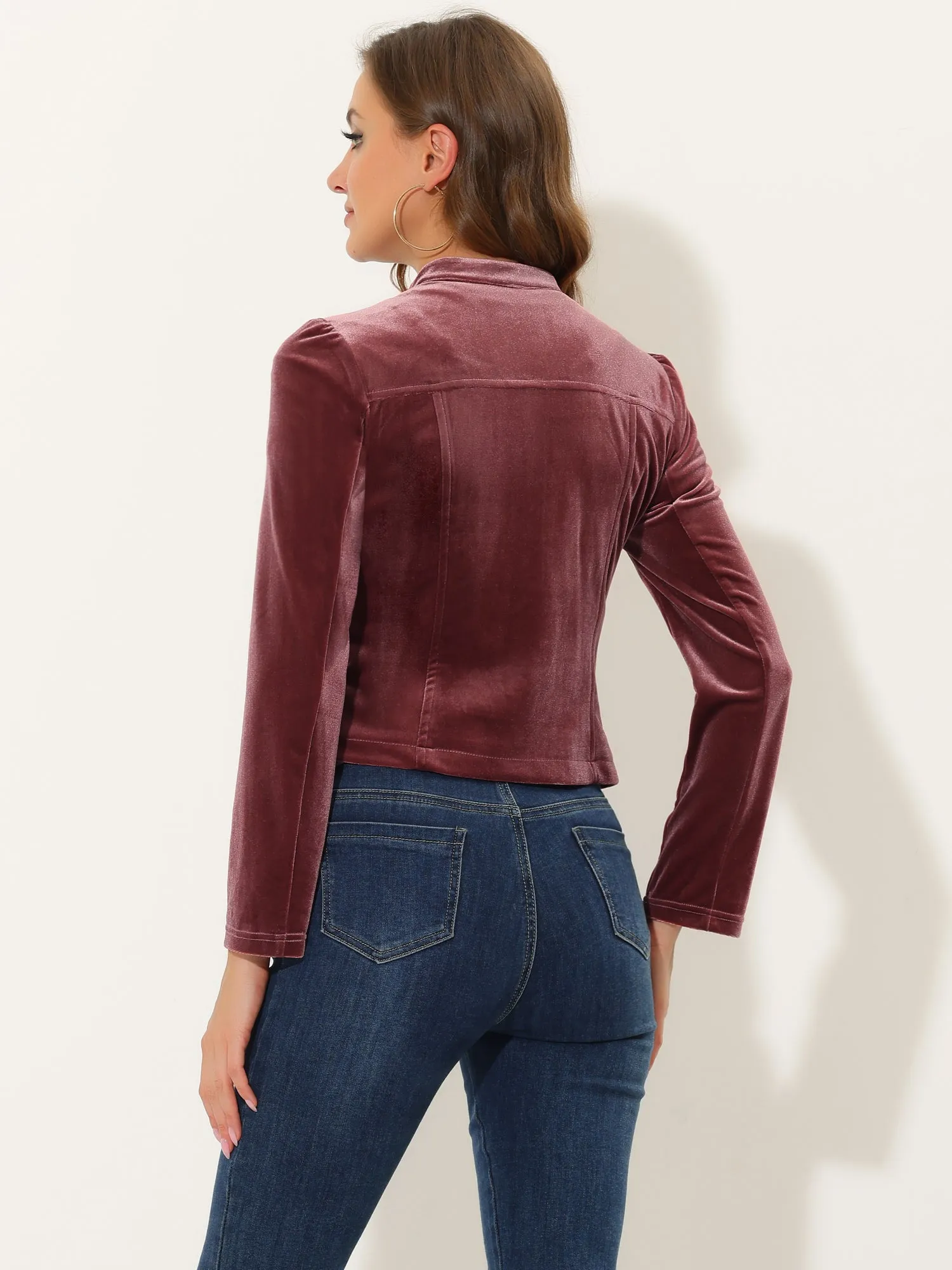 Casual Velvet Long Sleeve Zipper Lapel Moto Crop Jacket sold by Allegra K product image thumbnail 3