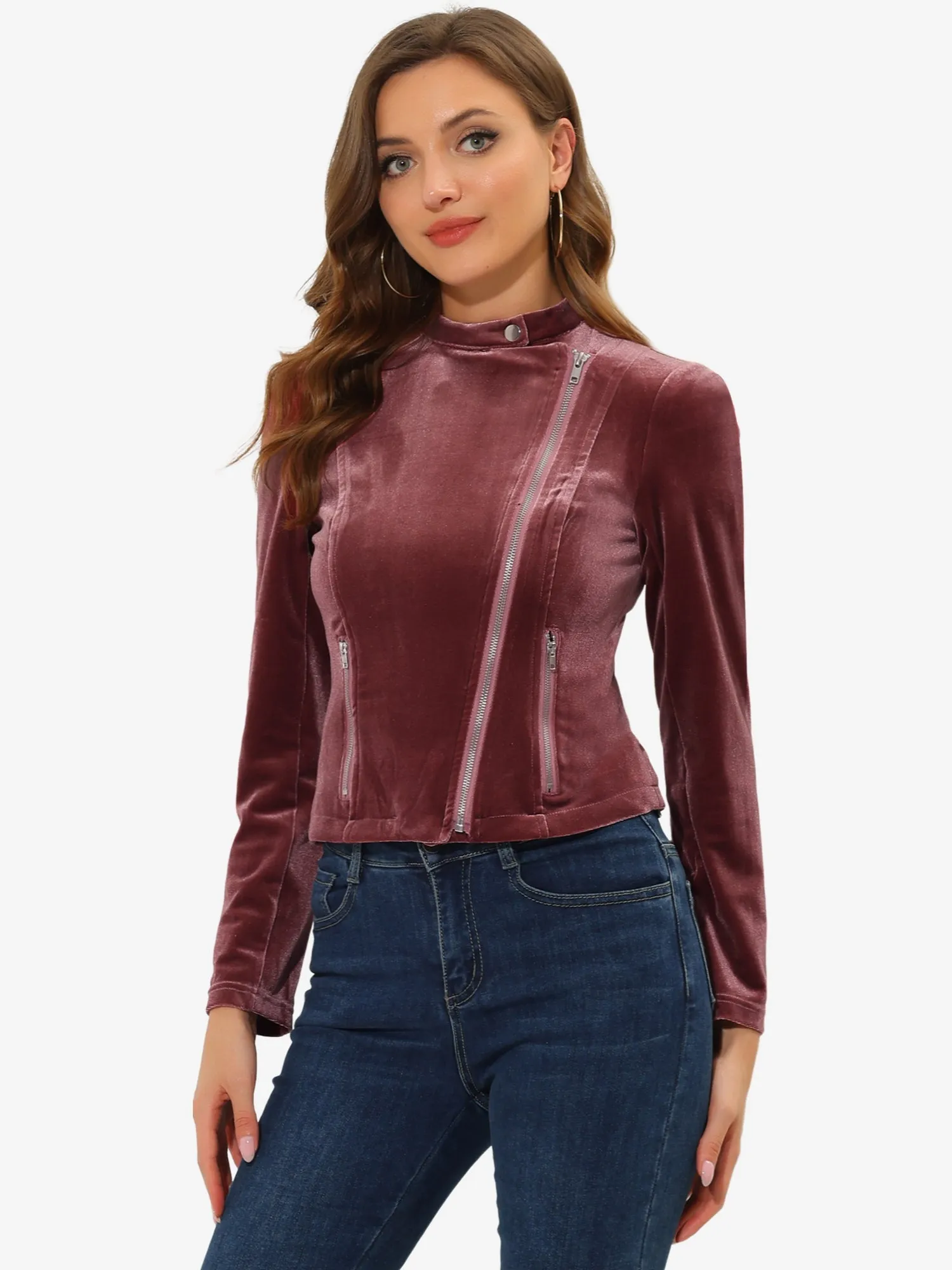 Casual Velvet Long Sleeve Zipper Lapel Moto Crop Jacket sold by Allegra K