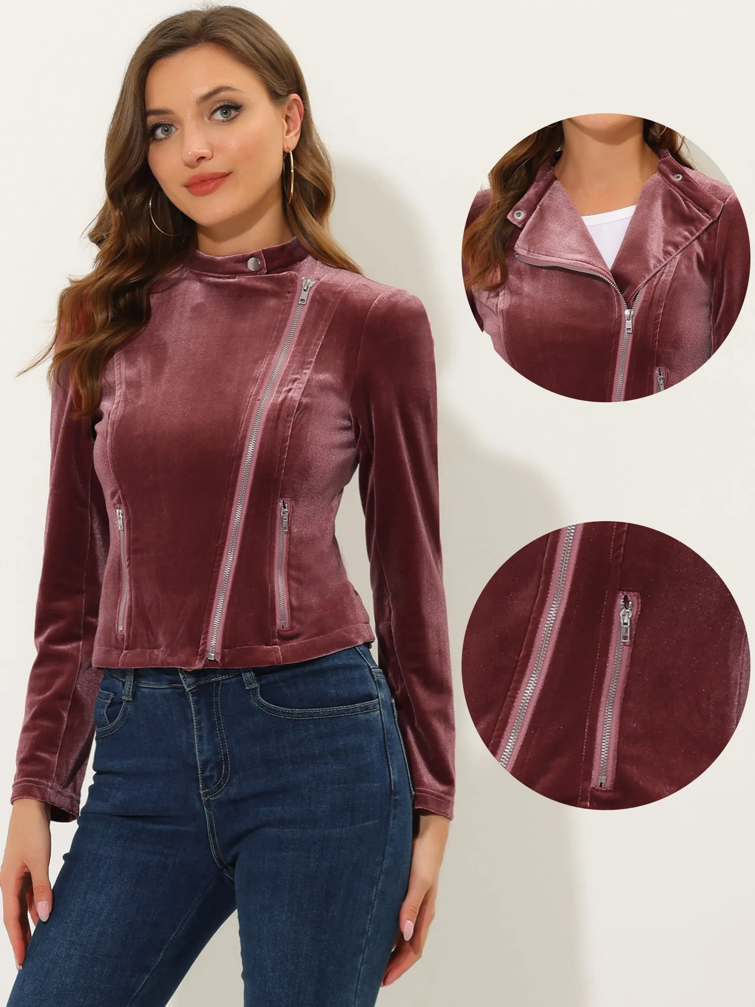 Casual Velvet Long Sleeve Zipper Lapel Moto Crop Jacket sold by Allegra K product image thumbnail 2