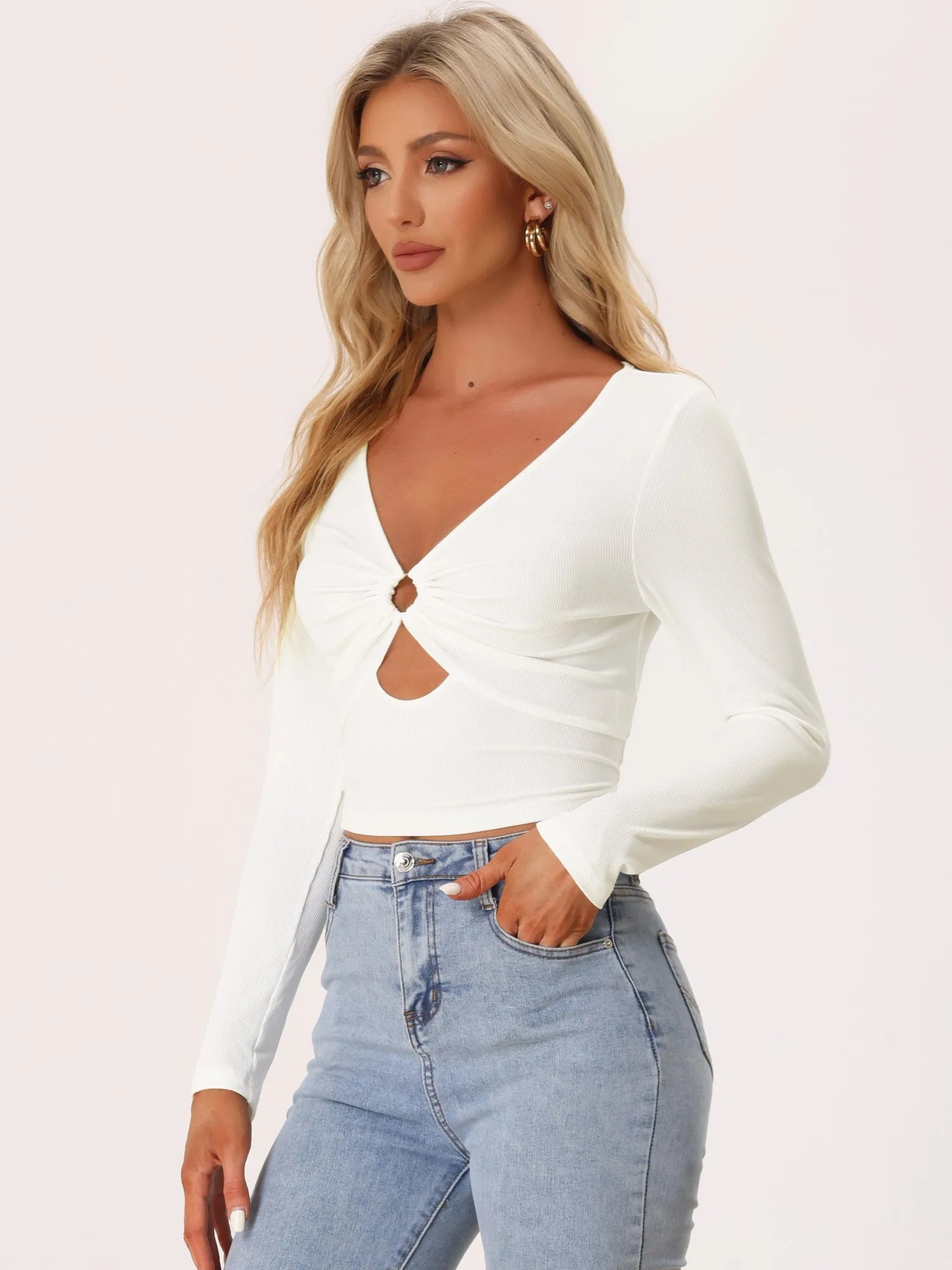 Sexy Long Sleeve V Neck O Ring Hollow Out Crop Top Blouse sold by Allegra K product image thumbnail 2