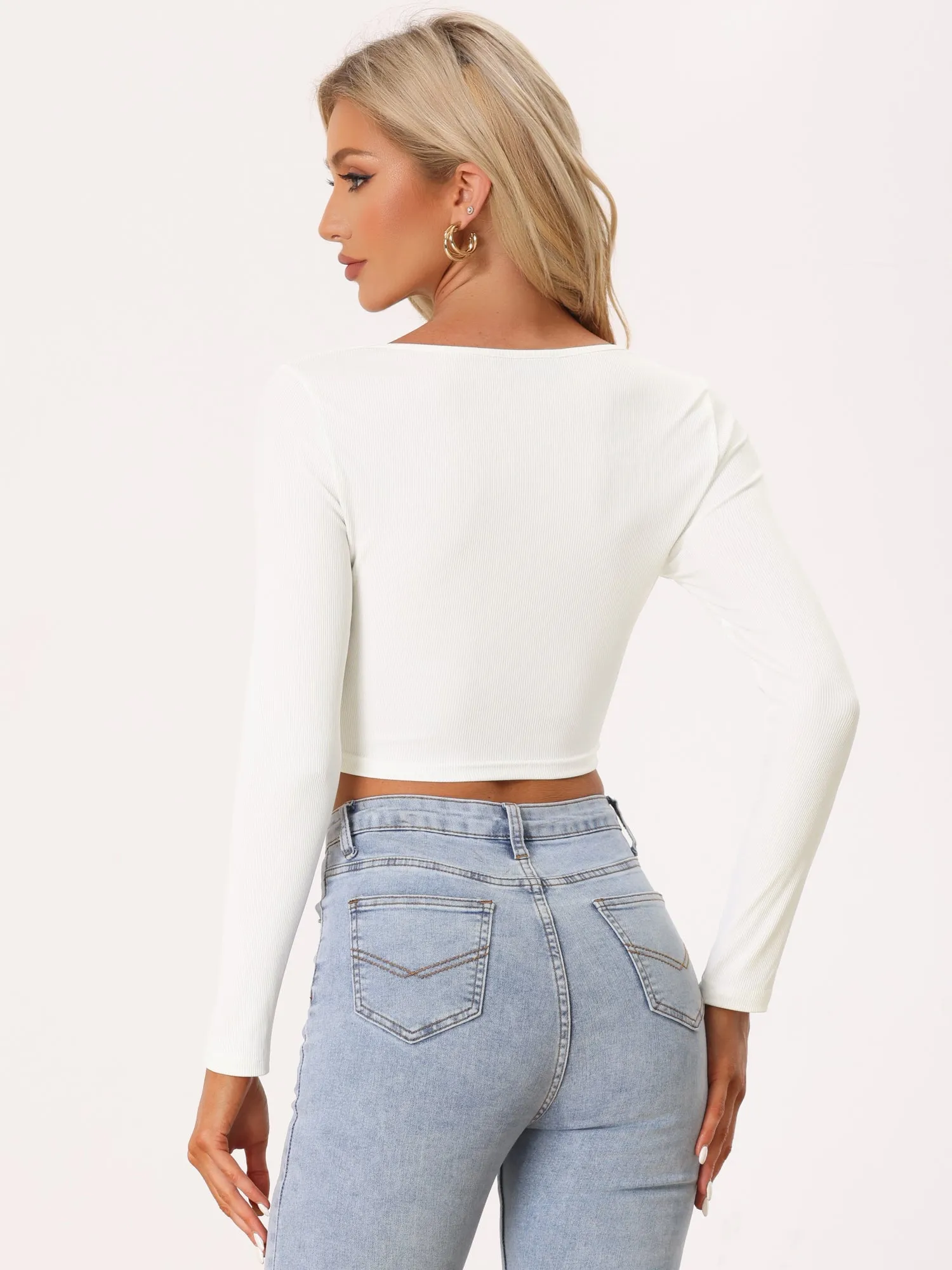 Sexy Long Sleeve V Neck O Ring Hollow Out Crop Top Blouse sold by Allegra K product image thumbnail 3