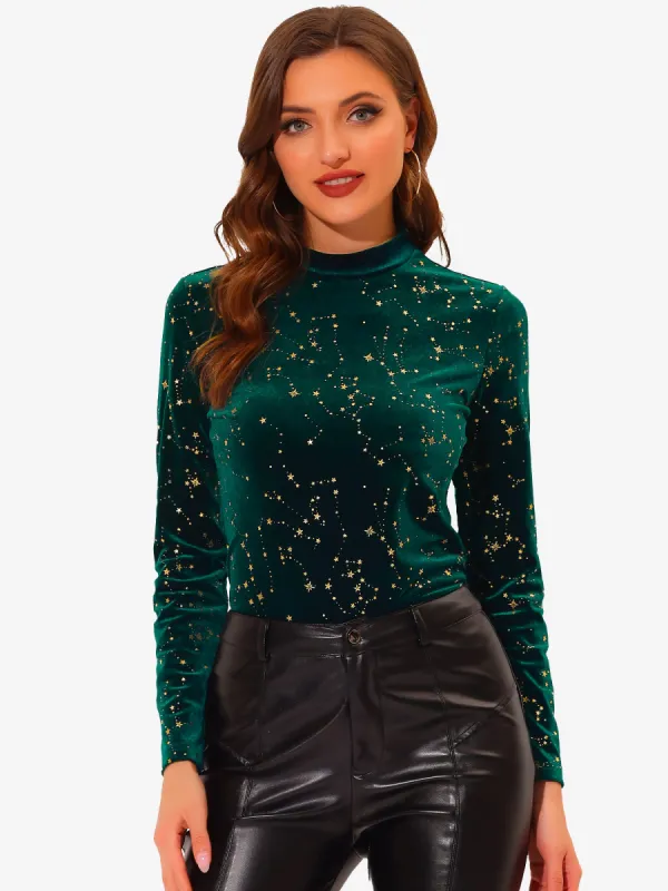 Velvet Blouse Stand Collar Long Sleeve Stars Tops sold by Allegra K