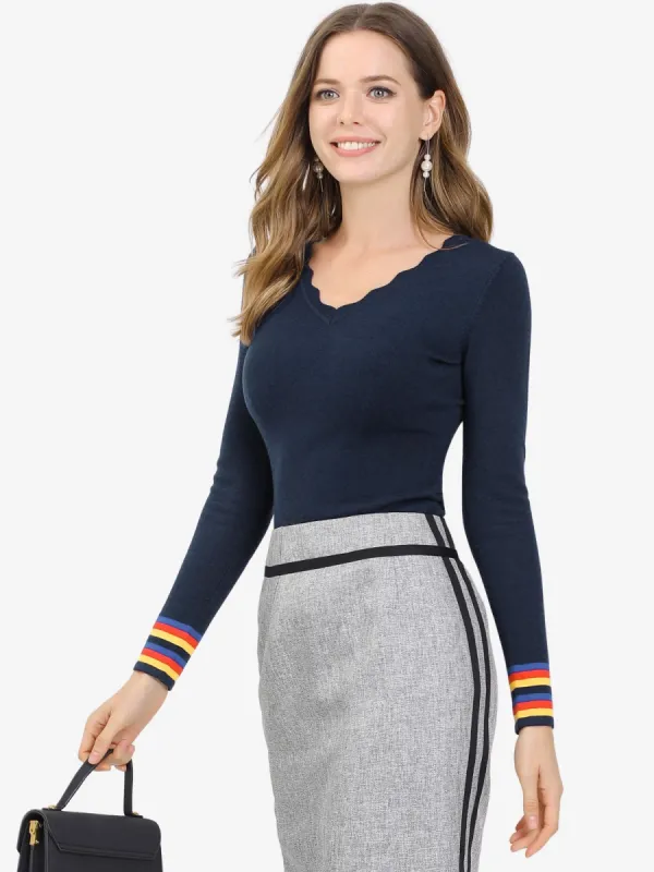 Lightweight Long Sleeve Rainbow Cuff Stretchy Knit V Neck Sweater sold by Allegra K