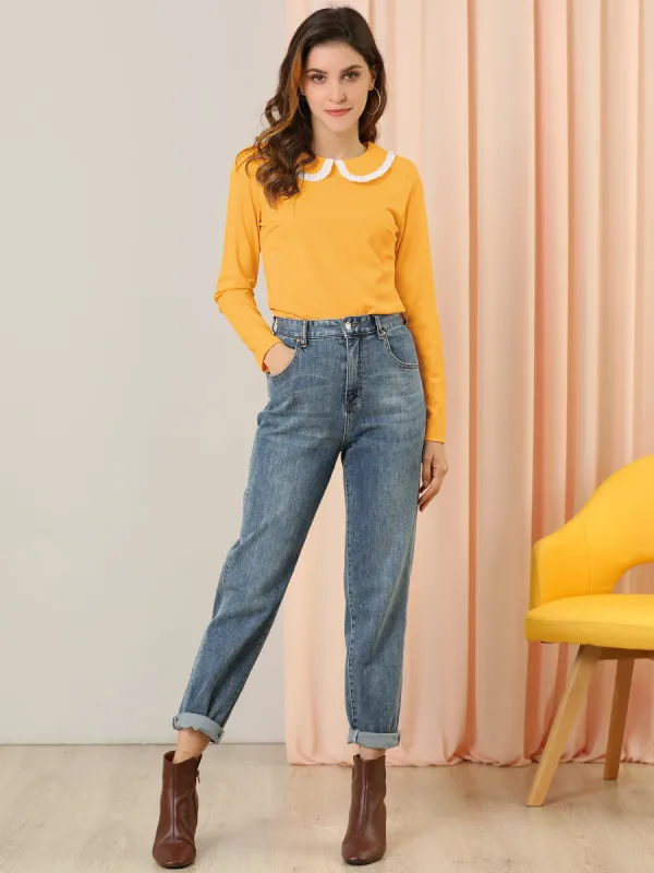 Peter Pan Collar Blouse Basic Knit T-Shirt Long Sleeve Shirt sold by Allegra K