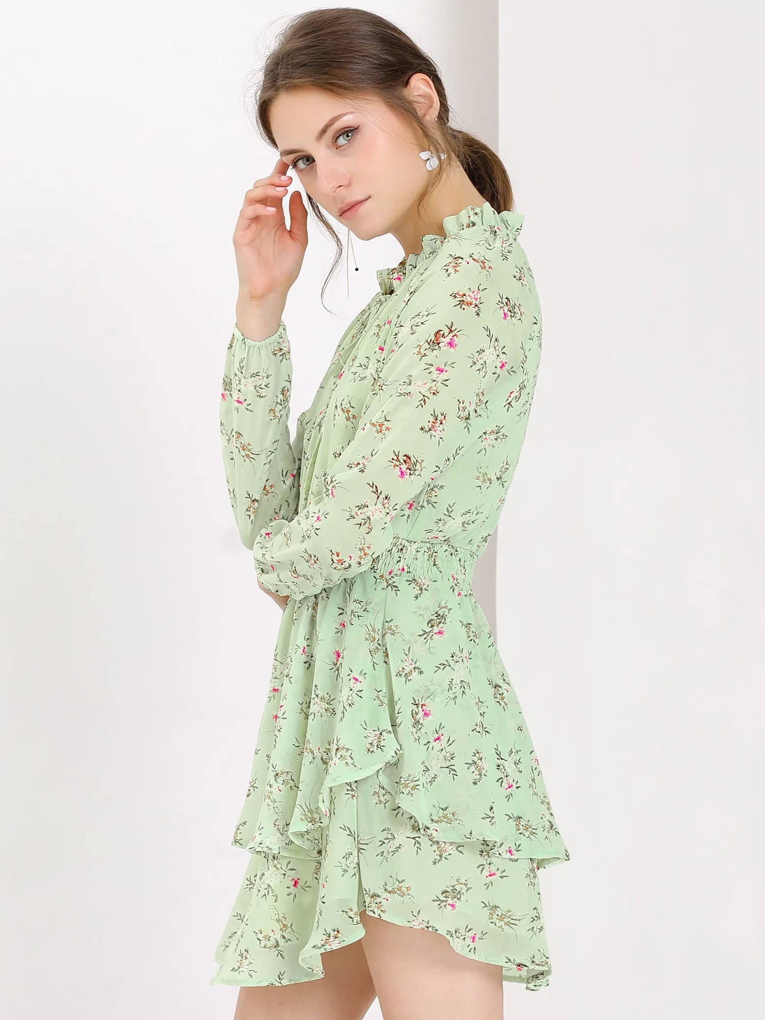 Ruffled Floral Smocked Waist Layered Tiered Chiffon Dress sold by Allegra K product image thumbnail 3