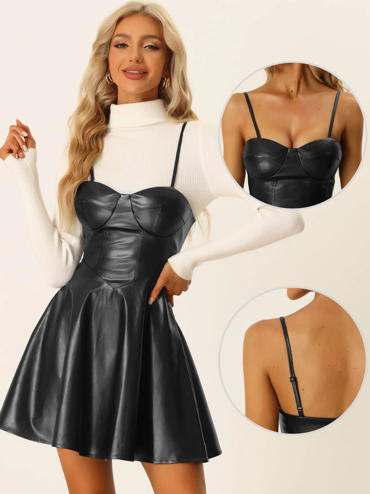 PU Spaghetti Strap Sweetheart Neckline A-line Dress sold by Allegra K product image thumbnail 2
