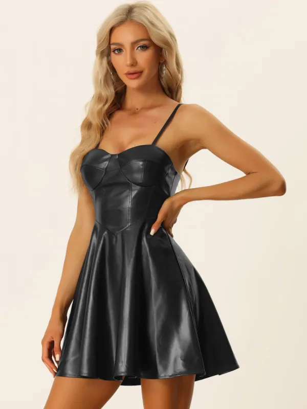 PU Spaghetti Strap Sweetheart Neckline A-line Dress sold by Allegra K