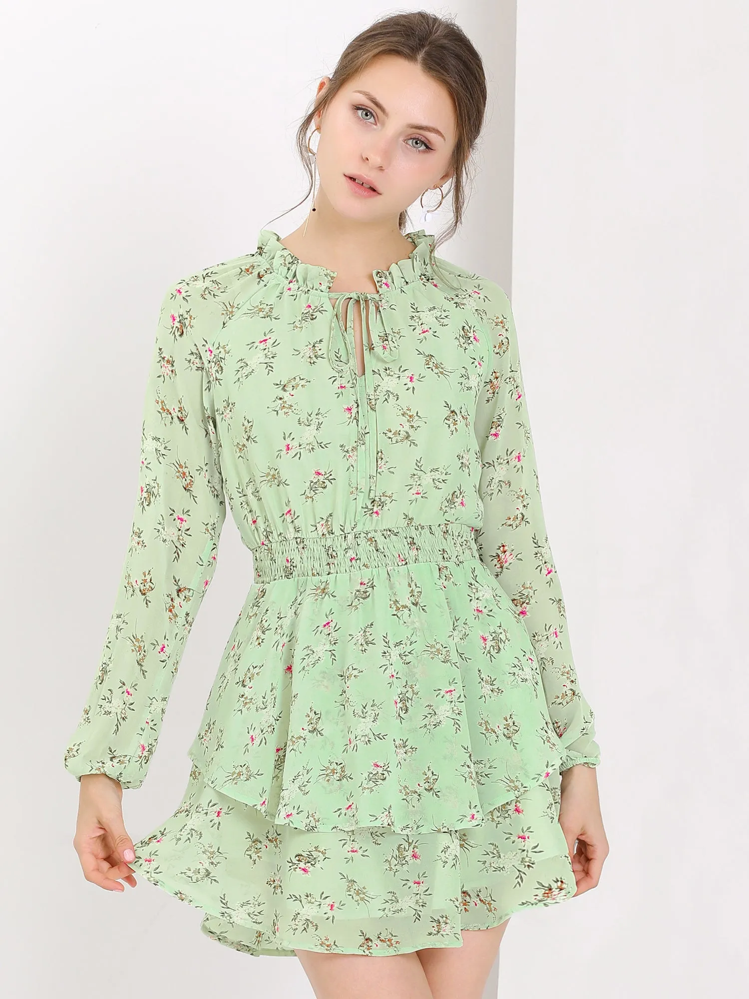 Ruffled Floral Smocked Waist Layered Tiered Chiffon Dress sold by Allegra K product image thumbnail 2