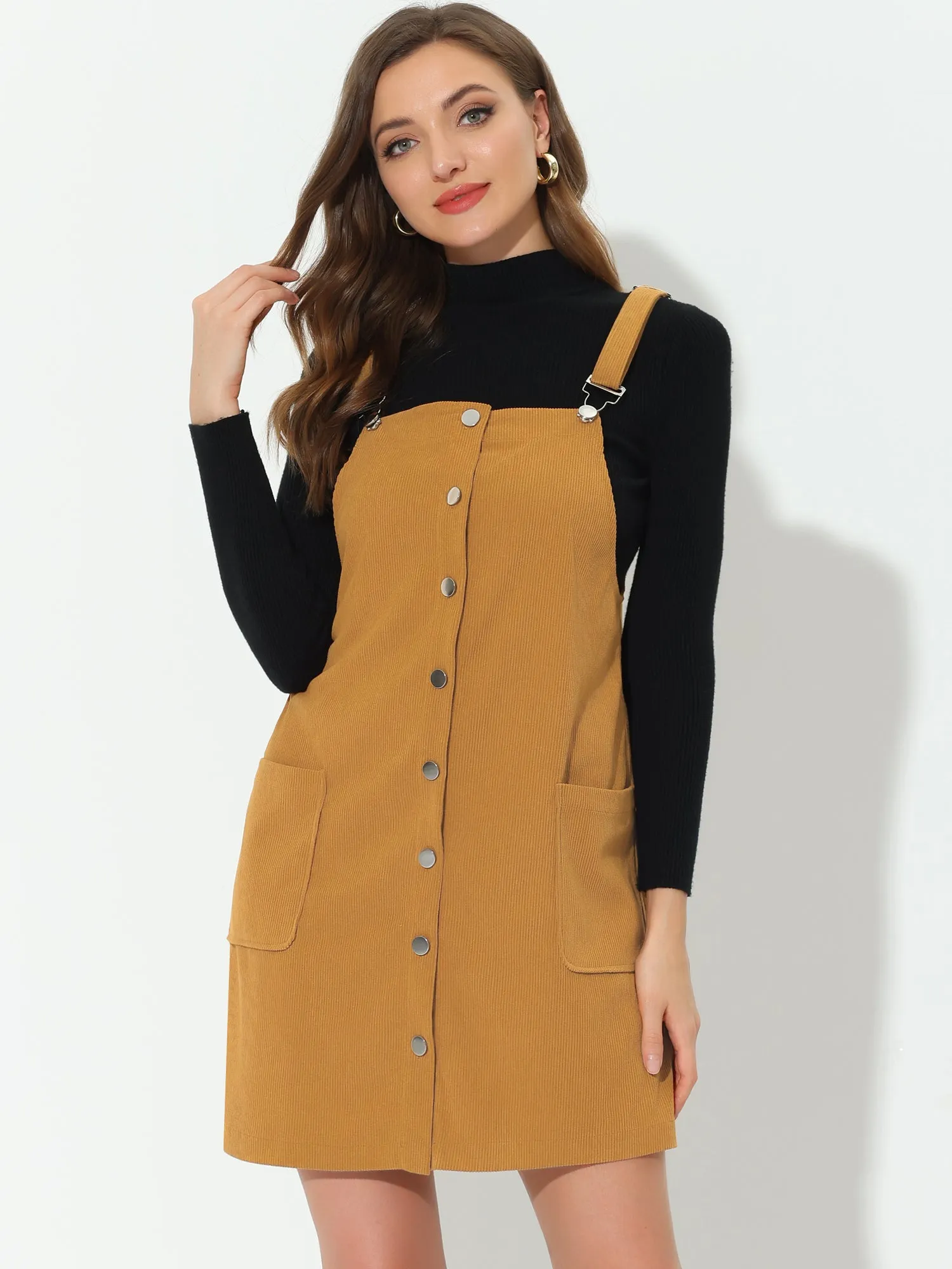 Corduroy Adjustable Straps Button Down Pinafore Overall Dress sold by Allegra K