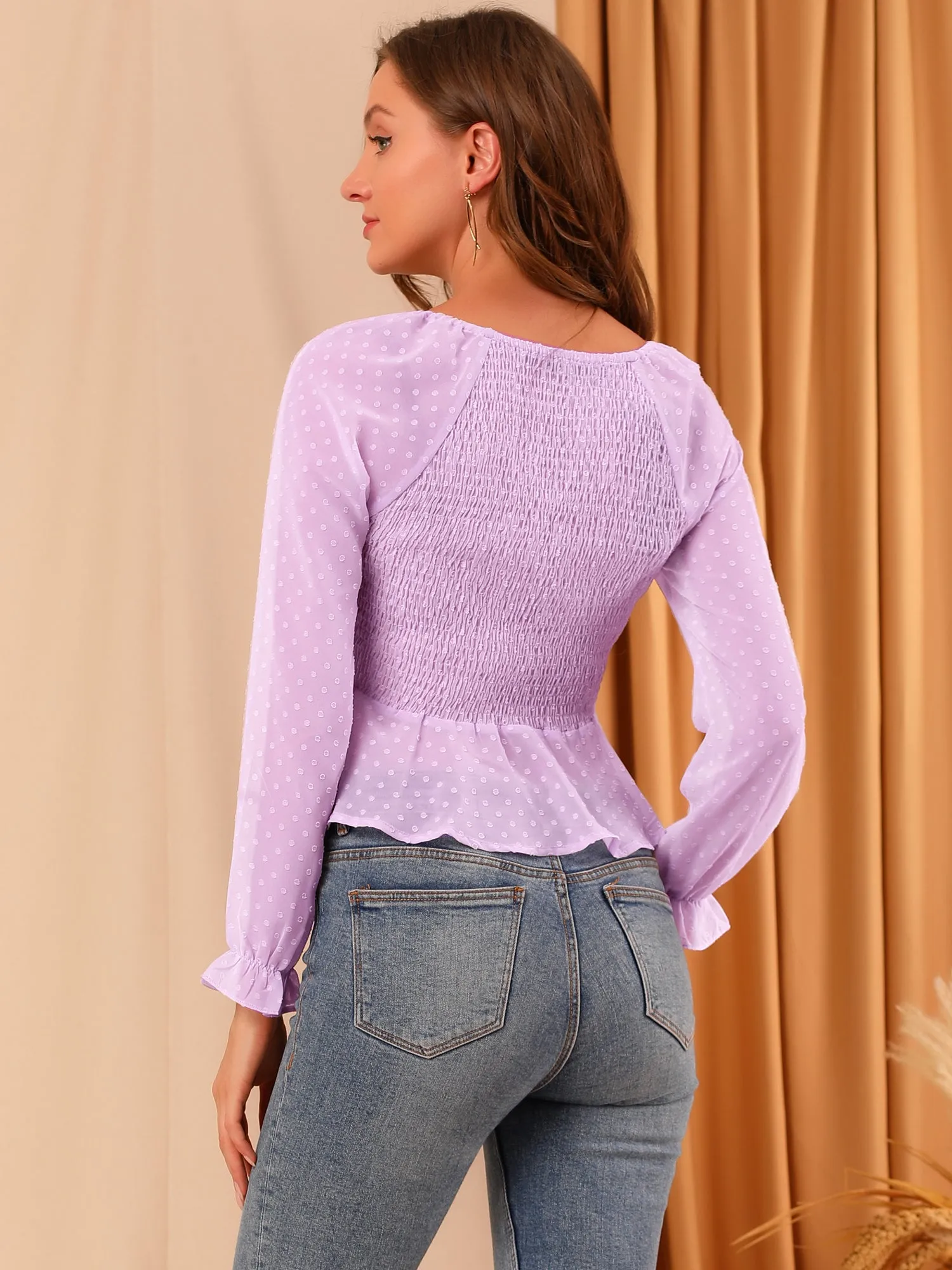 Smocked Peplum Crop Top V-Neck Chiffon Ruffle Swiss Dots Blouse sold by Allegra K product image thumbnail 5