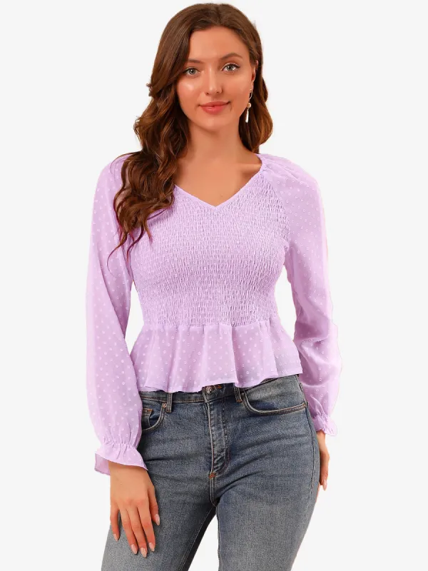 Smocked Peplum Crop Top V-Neck Chiffon Ruffle Swiss Dots Blouse sold by Allegra K