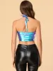 Metallic Hollow Out Backless Holographic Halter Tube Crop Top sold by Allegra K