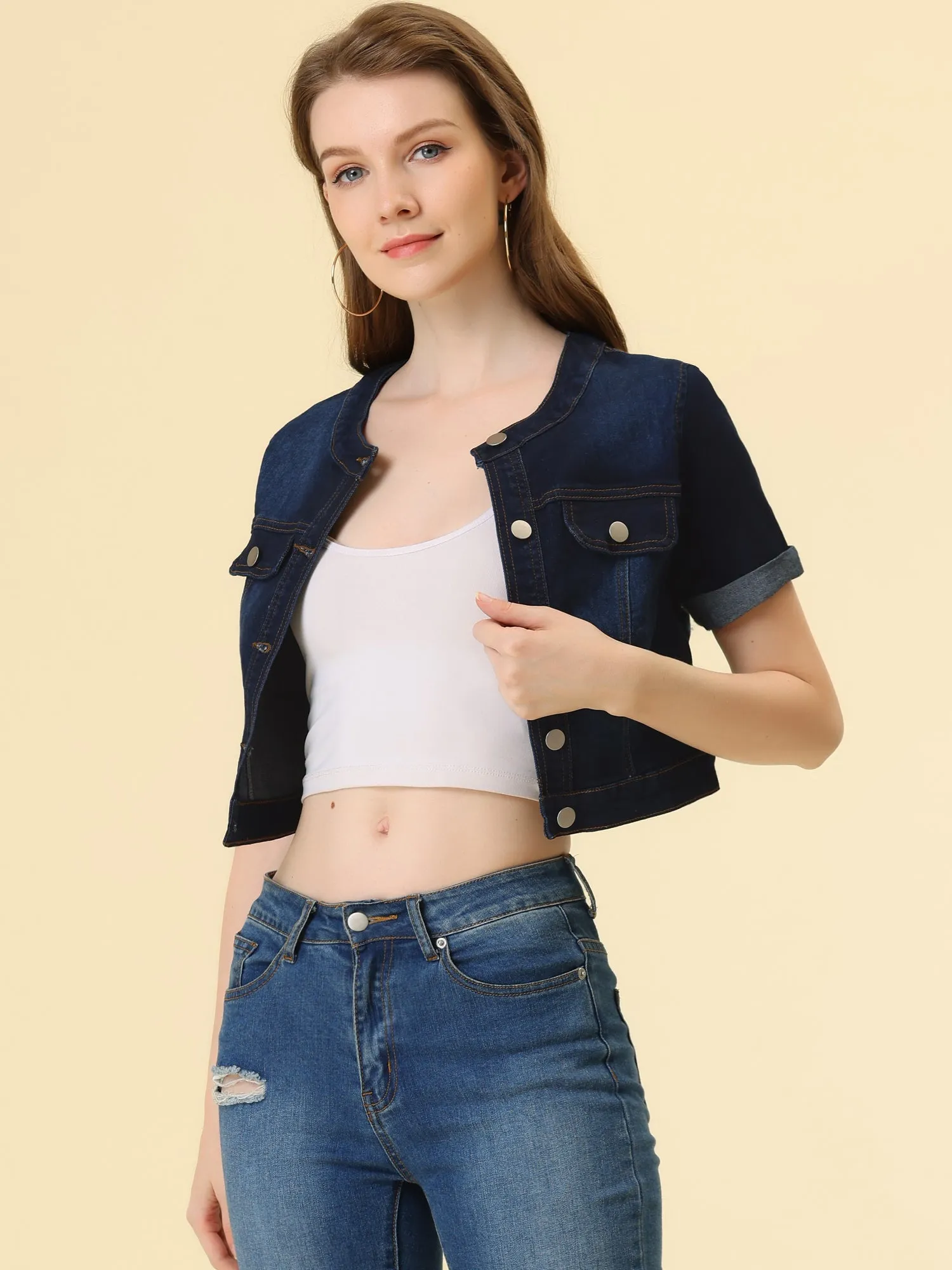 Denim Crew Neck Crop Short Sleeve Single Breast Jean Jacket sold by Allegra K product image thumbnail 5
