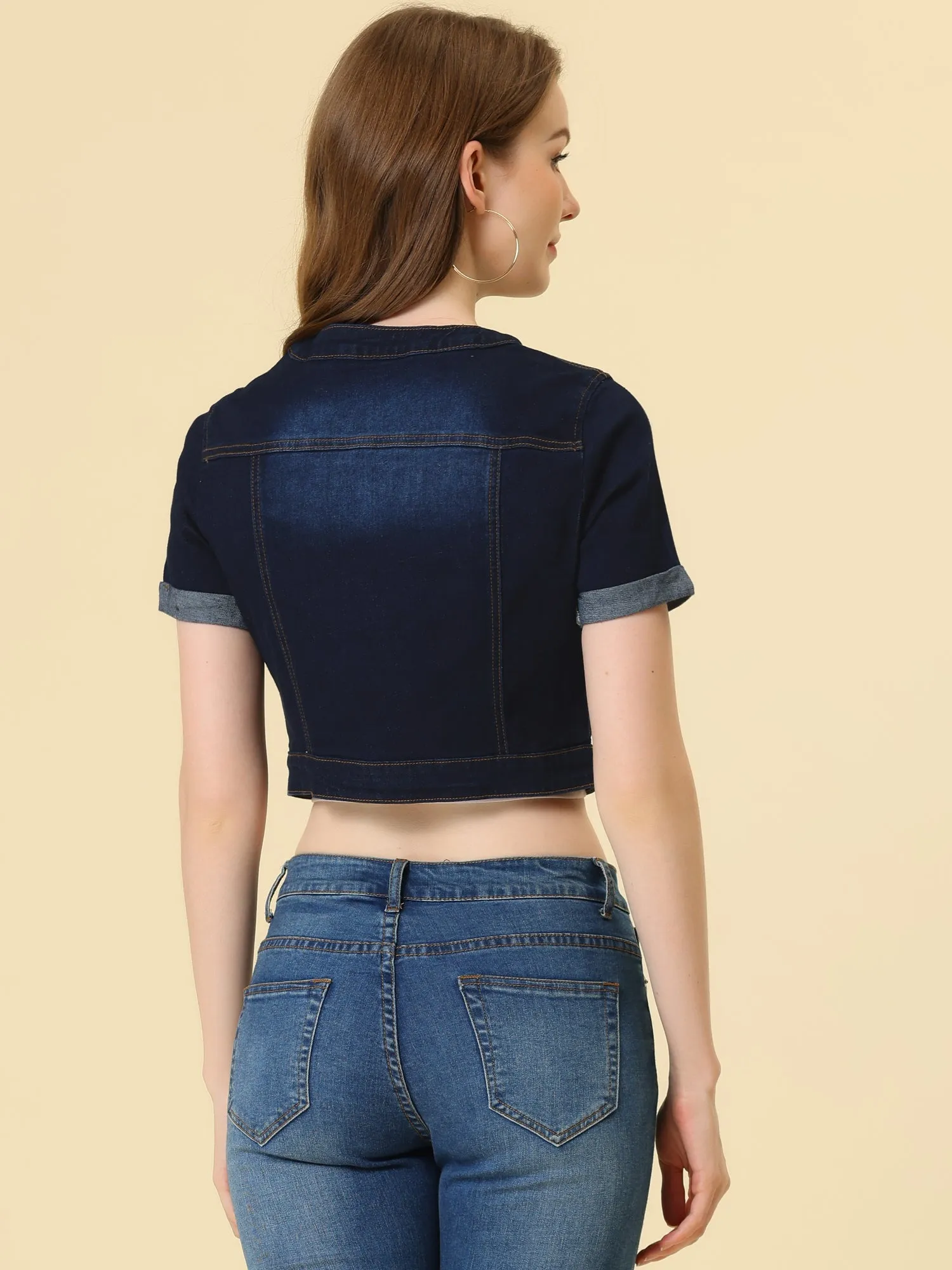 Denim Crew Neck Crop Short Sleeve Single Breast Jean Jacket sold by Allegra K product image thumbnail 3