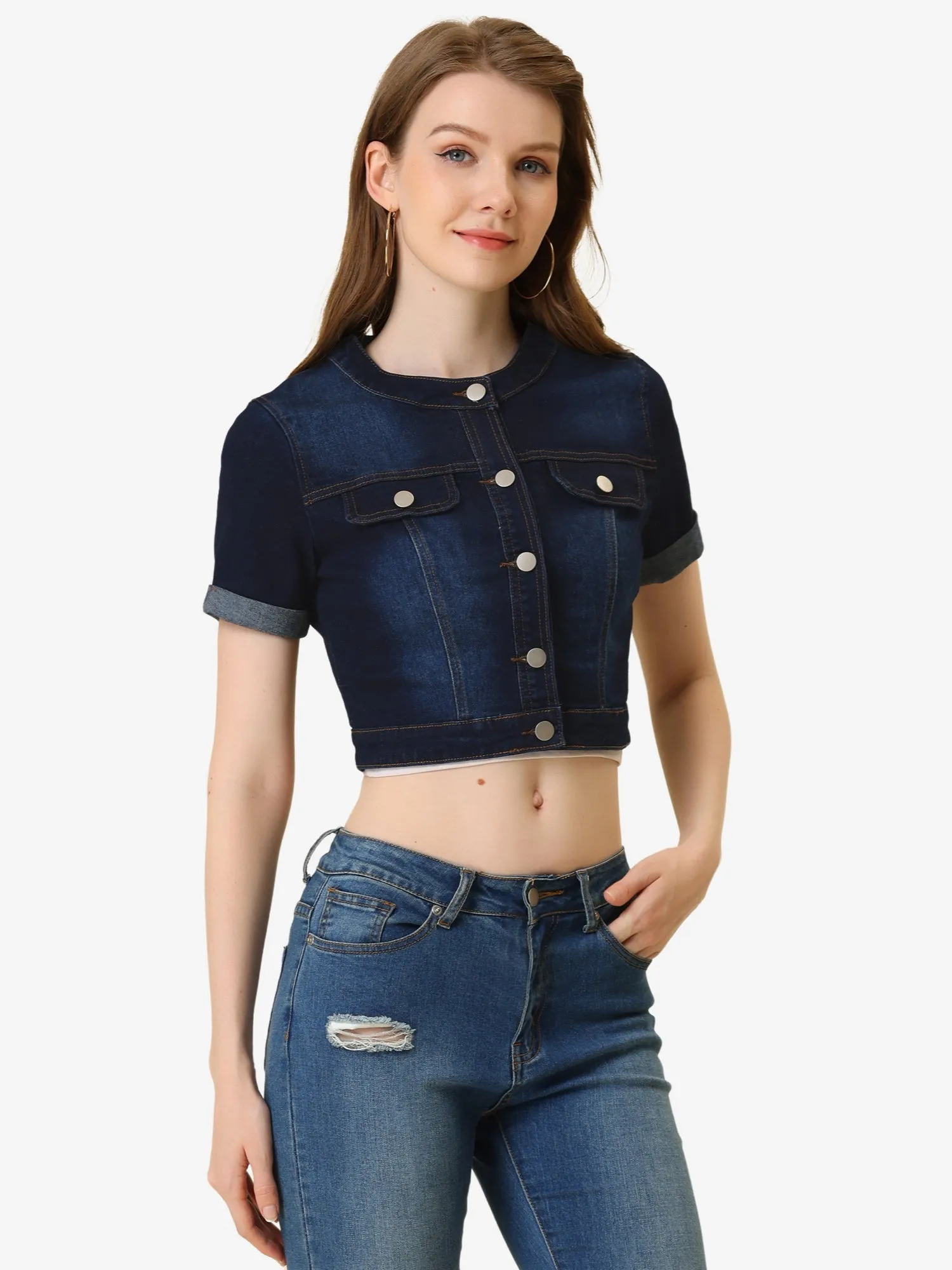 Denim Crew Neck Crop Short Sleeve Single Breast Jean Jacket sold by Allegra K