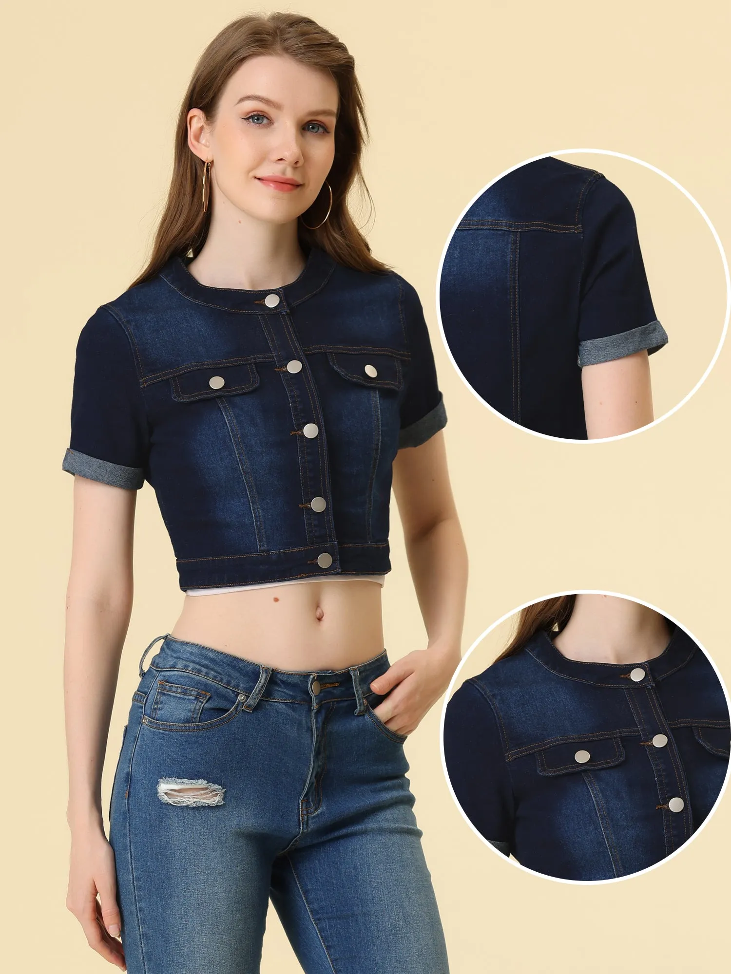 Denim Crew Neck Crop Short Sleeve Single Breast Jean Jacket sold by Allegra K product image thumbnail 2
