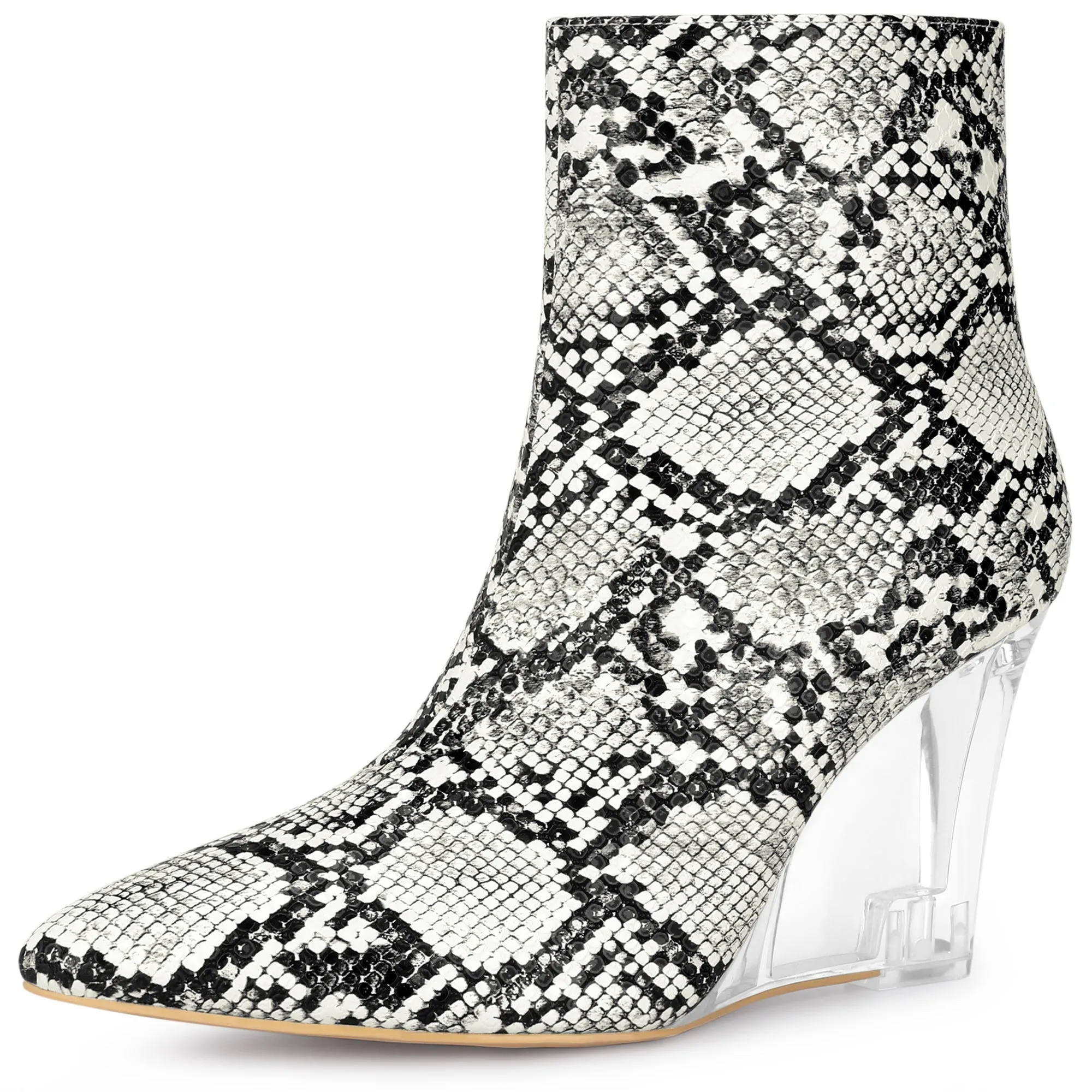 Women's Snake Print Pointed Toe Clear Wedge Heels Ankle Boots sold by Allegra K