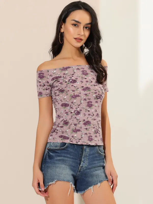 Short Sleeve Off The Shoulder Printed Casual Crop Top sold by Allegra K