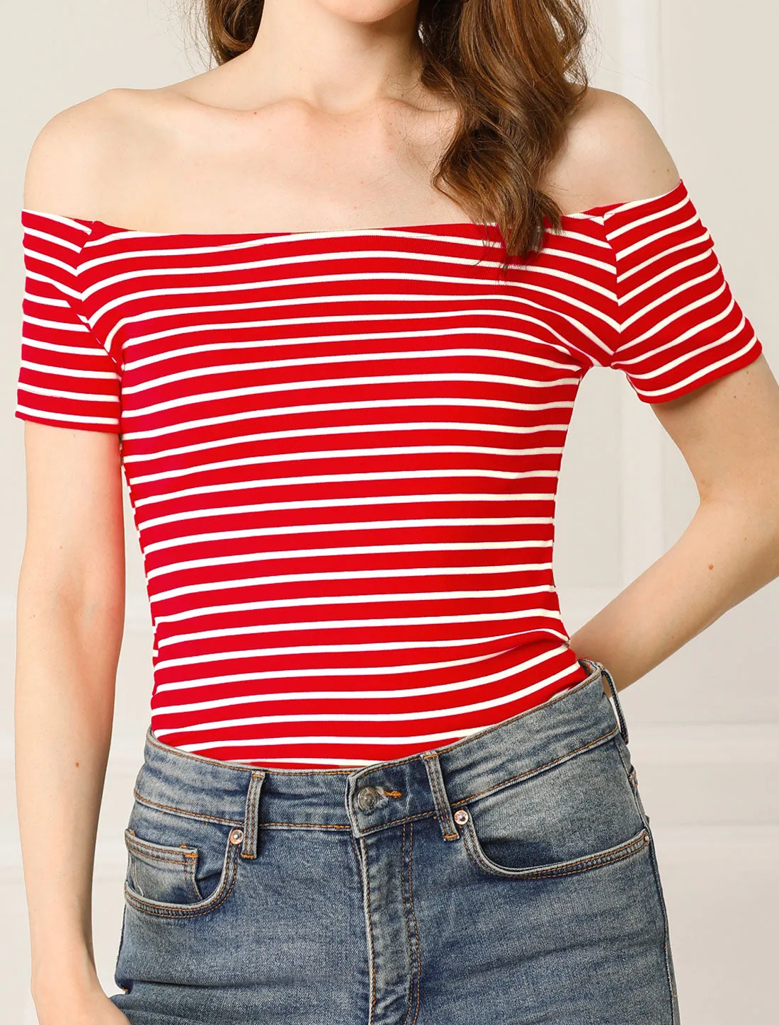 Short Sleeve Off The Shoulder Printed Casual Crop Top sold by Allegra K product image thumbnail 4