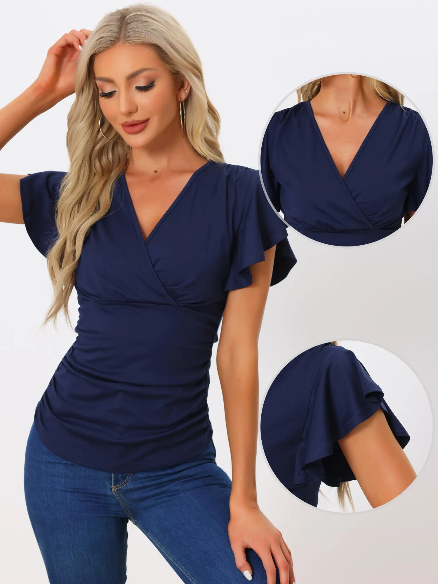 Faux Wrap Blouse Summer V Neck Ruffle Sleeve Casual Top Blouse sold by Allegra K product image thumbnail 2