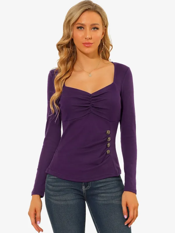 Sweetheart Neck Ruched Top Long Sleeve Button Decor Rib Knit Blouse sold by Allegra K