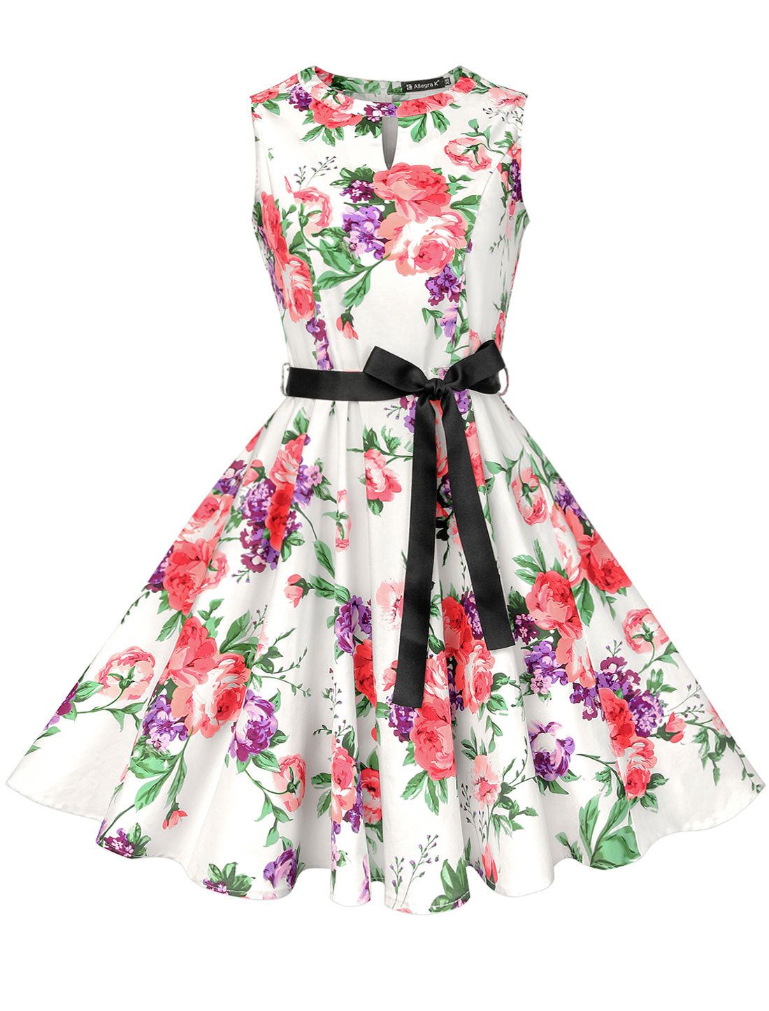 Belt Rockabilly Vintage Party Floral 50s Swing Tea Dress sold by Allegra K product image thumbnail 4