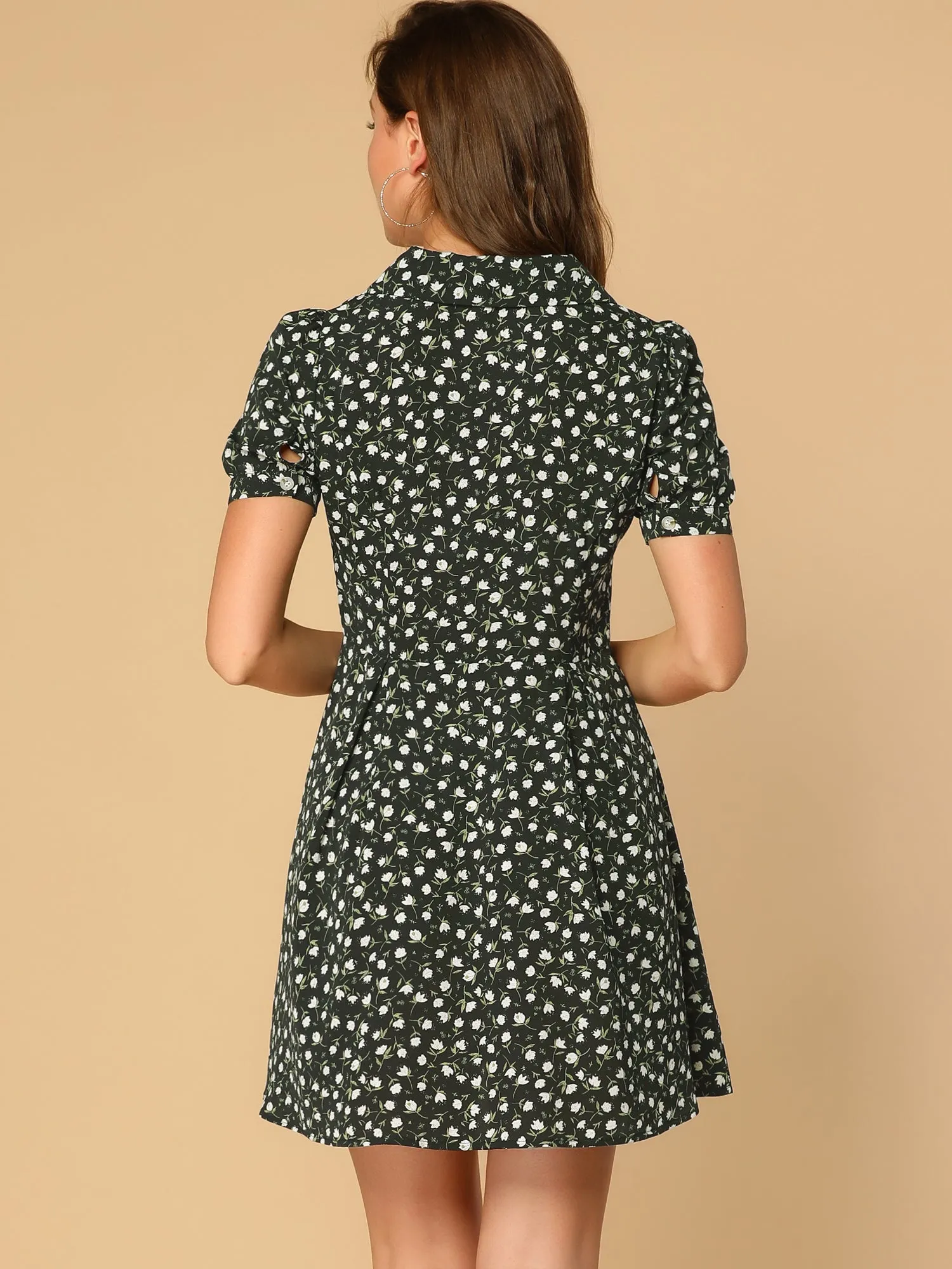 Floral V Neck Short Sleeve Button Front Summer Shirt Dress sold by Allegra K product image thumbnail 5