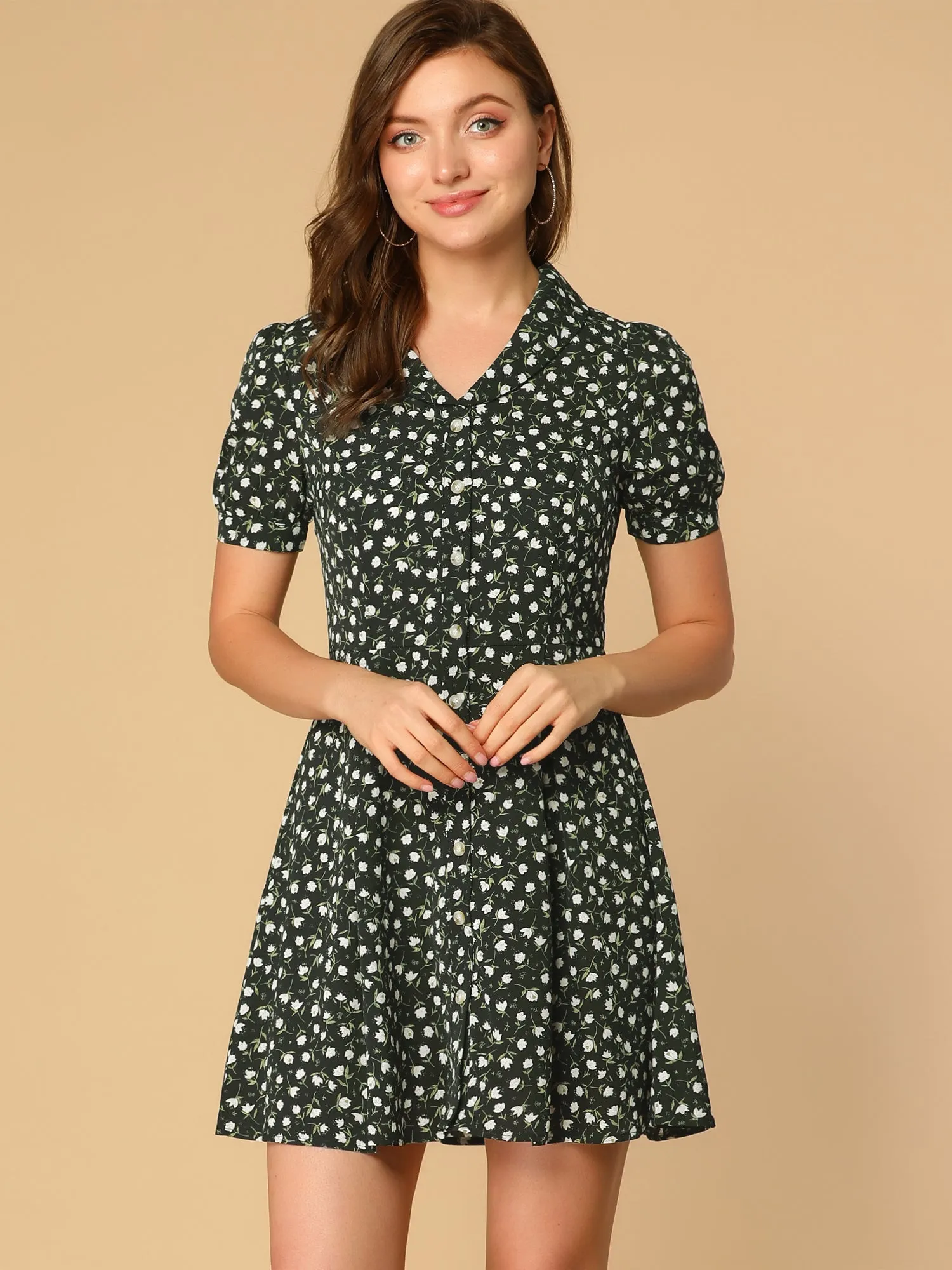 Floral V Neck Short Sleeve Button Front Summer Shirt Dress sold by Allegra K product image thumbnail 2