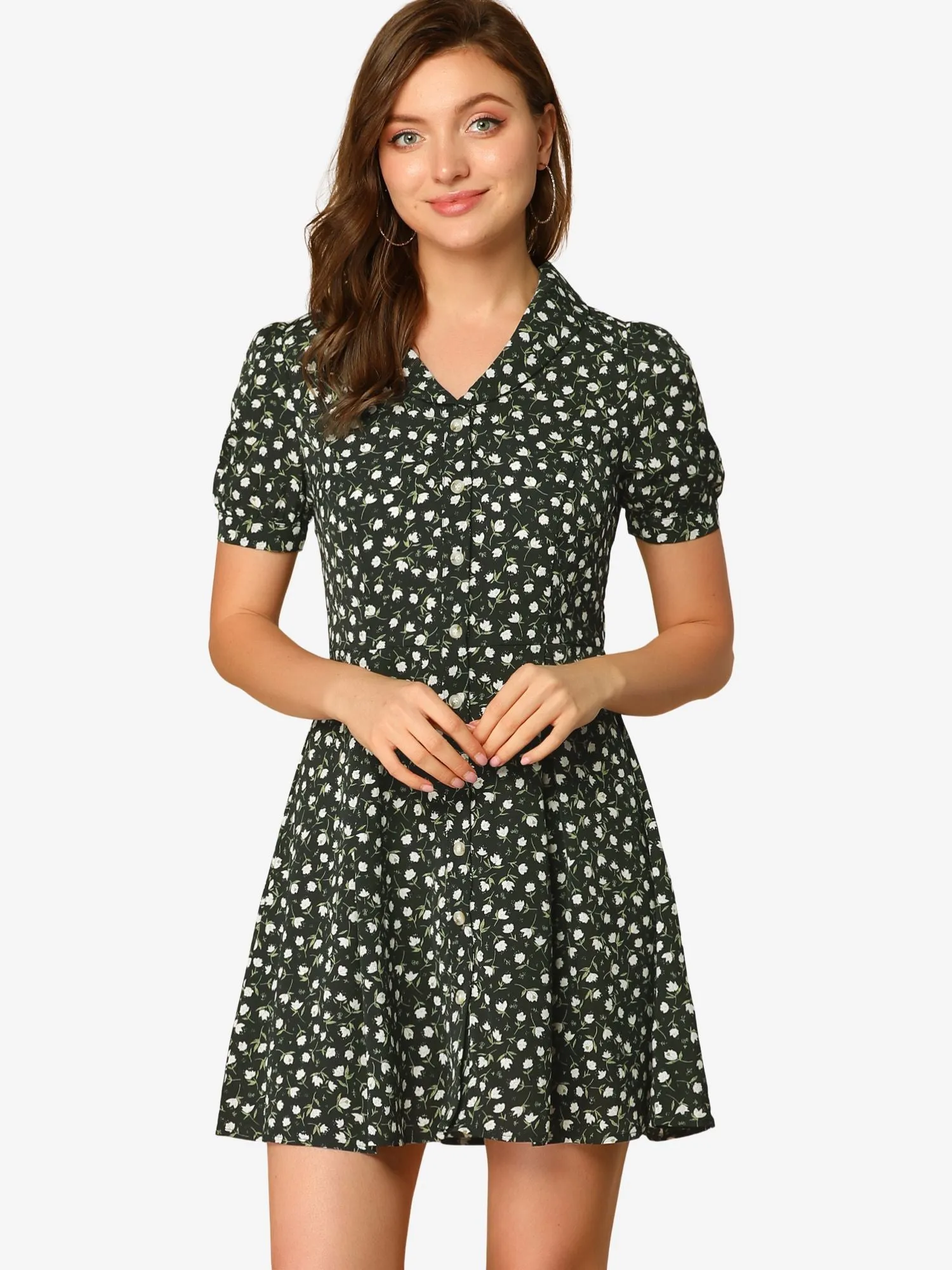 Floral V Neck Short Sleeve Button Front Summer Shirt Dress sold by Allegra K