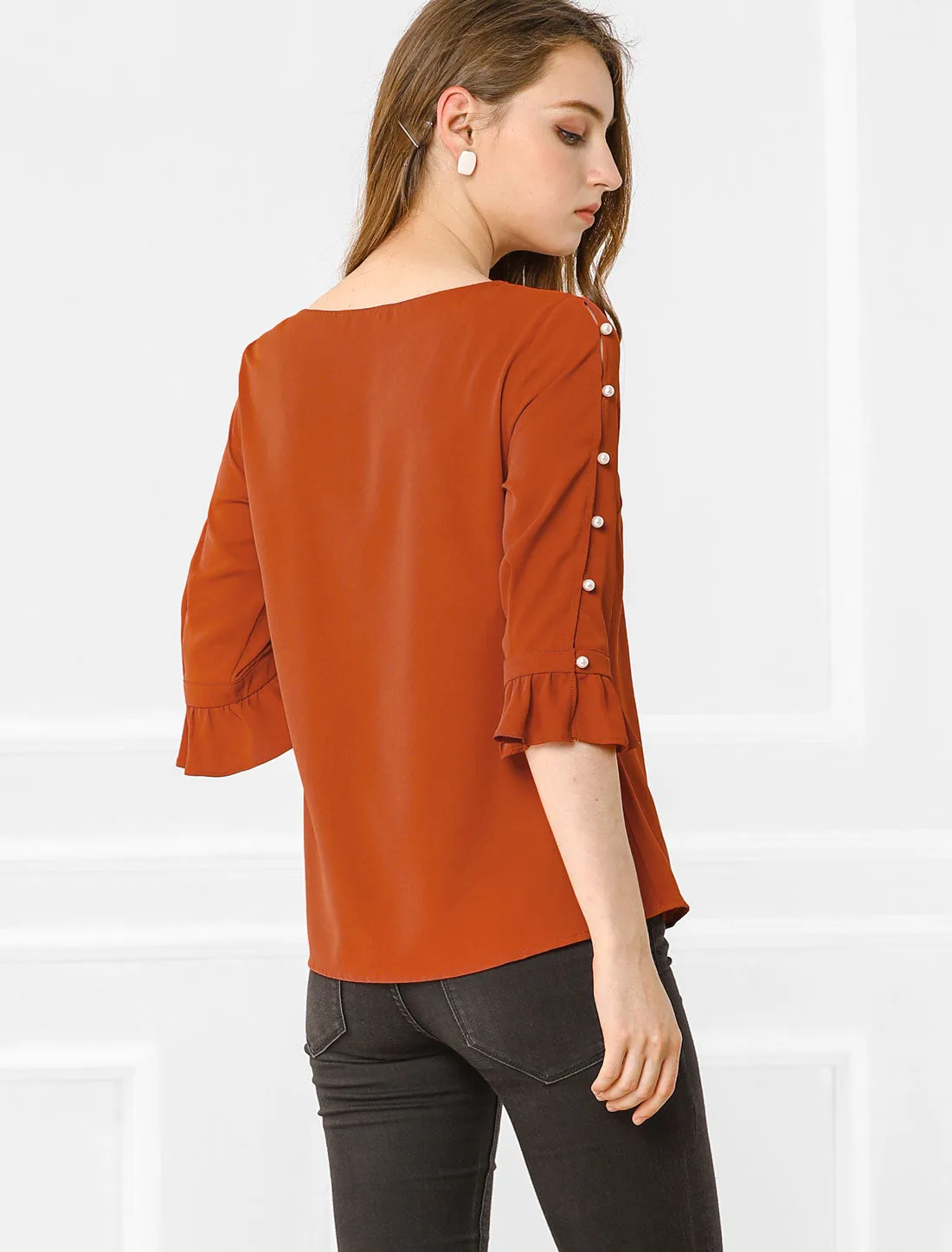 Ruffle Half Sleeve Keyhole Casual Tops Button Solid Blouse Top sold by Allegra K product image thumbnail 5