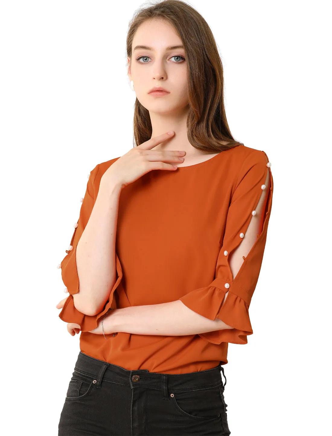 Ruffle Half Sleeve Keyhole Casual Tops Button Solid Blouse Top sold by Allegra K product image thumbnail 3