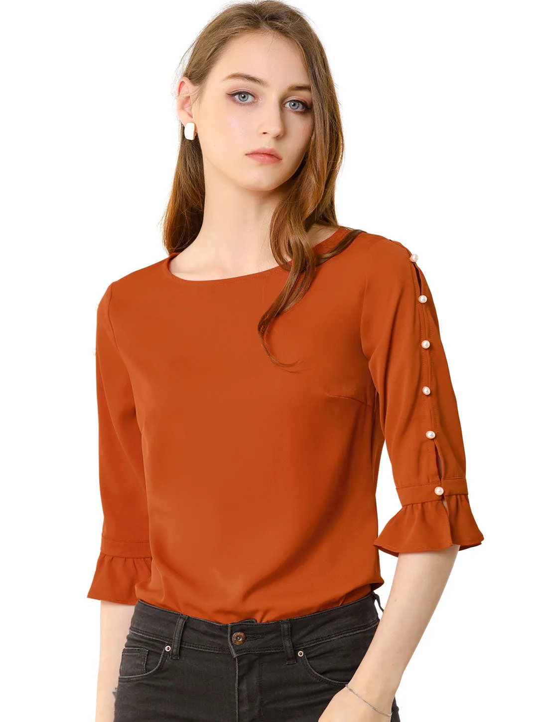 Ruffle Half Sleeve Keyhole Casual Tops Button Solid Blouse Top sold by Allegra K product image thumbnail 2