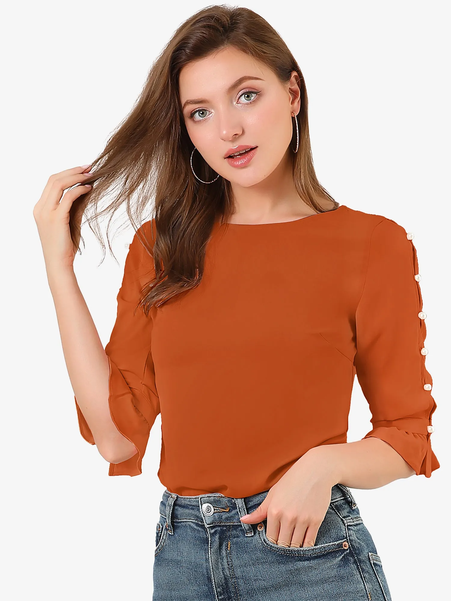 Ruffle Half Sleeve Keyhole Casual Tops Button Solid Blouse Top sold by Allegra K