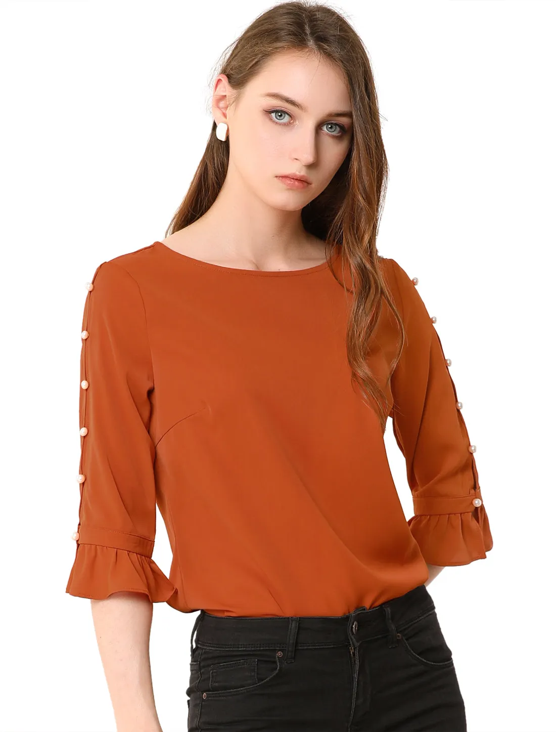 Ruffle Half Sleeve Keyhole Casual Tops Button Solid Blouse Top sold by Allegra K product image thumbnail 4