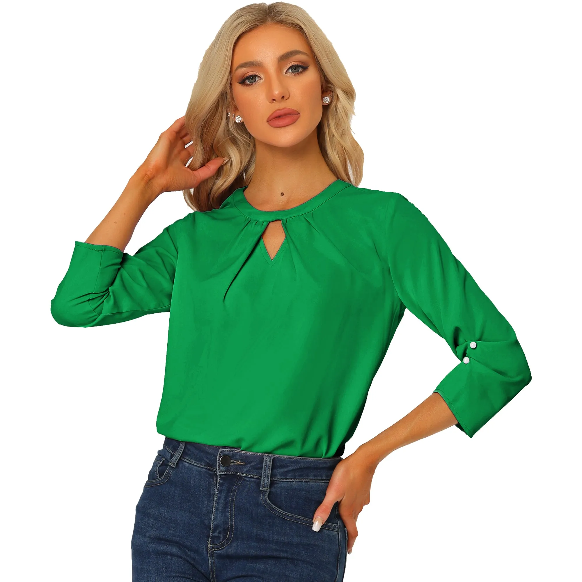 Office Keyhole Pleated 3/4 Sleeve Chiffon Blouse sold by Allegra K product image thumbnail 5