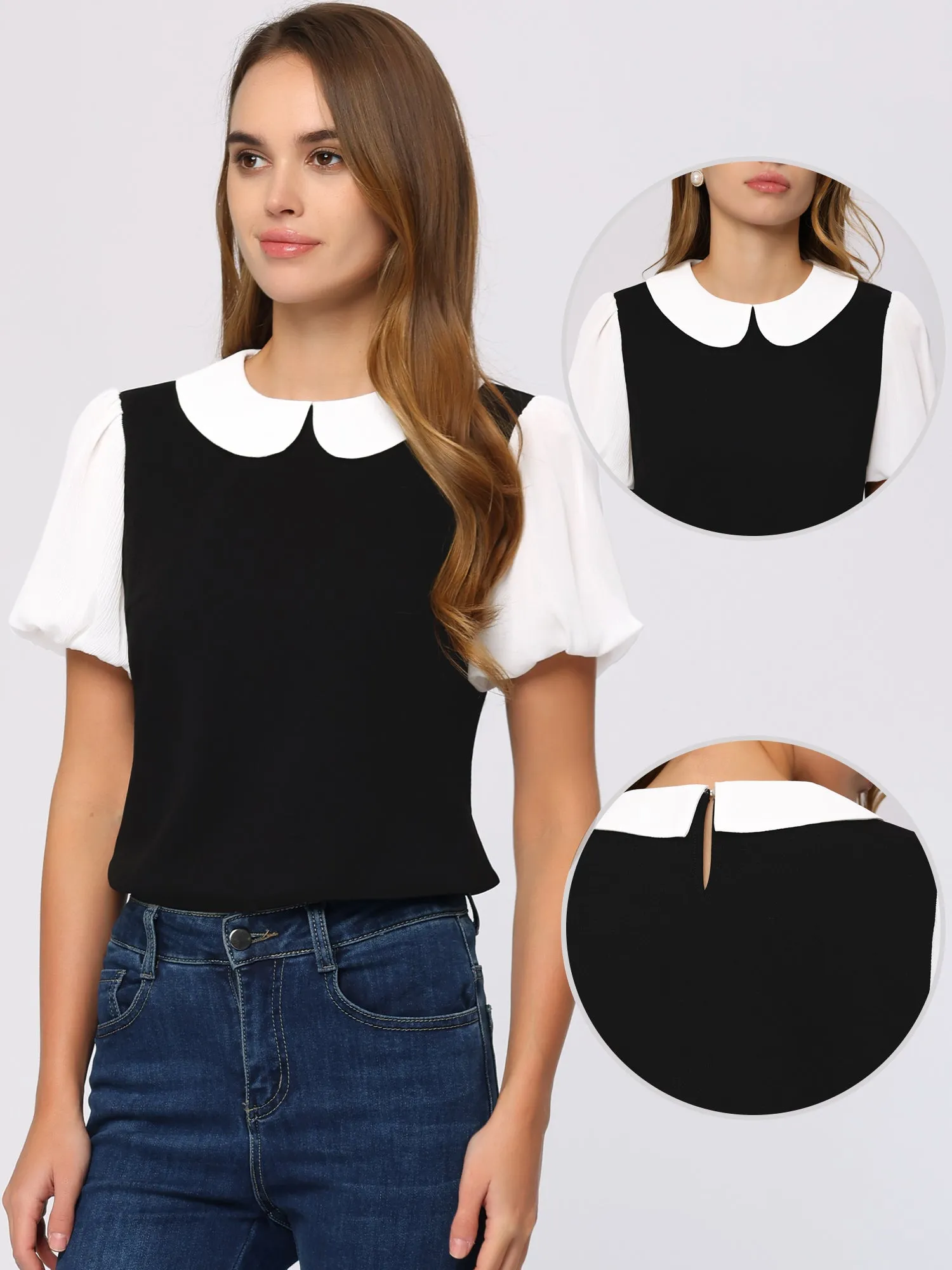 Peter Pan Collar Blouse Contrast Puff Short Sleeve Summer Top sold by Allegra K product image thumbnail 2