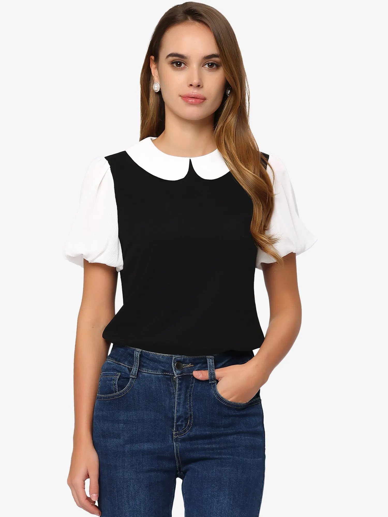 Peter Pan Collar Blouse Contrast Puff Short Sleeve Summer Top sold by Allegra K