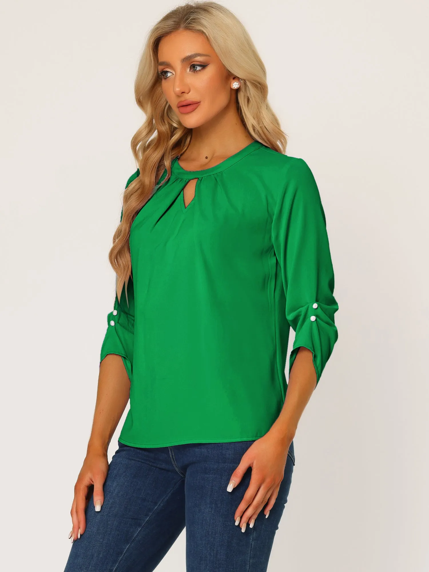 Office Keyhole Pleated 3/4 Sleeve Chiffon Blouse sold by Allegra K product image thumbnail 2