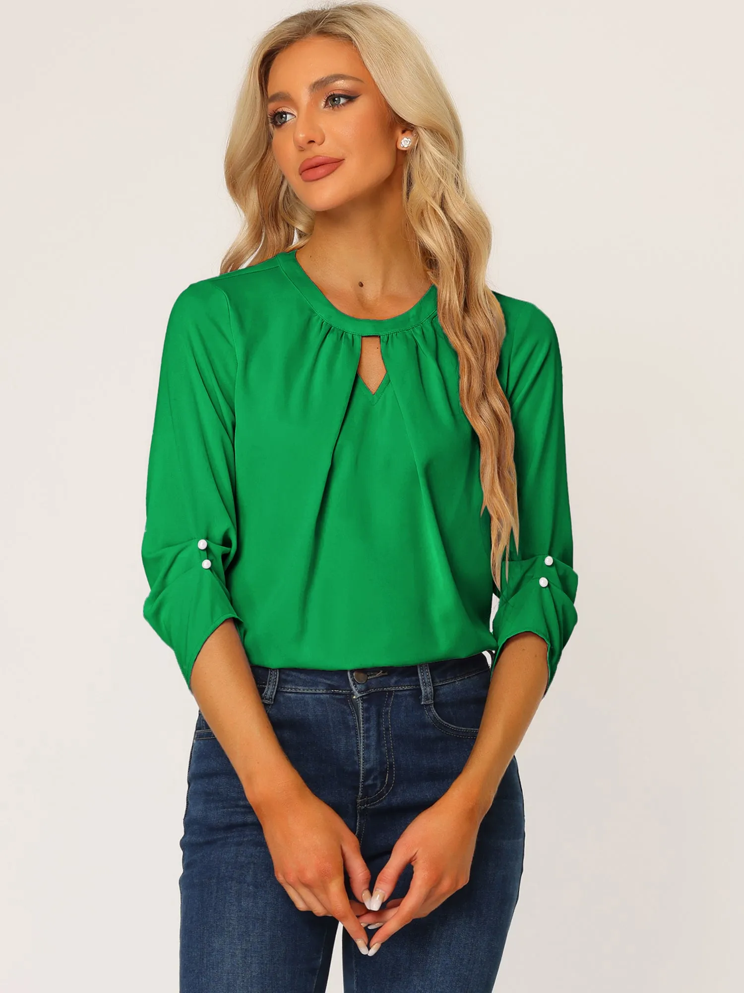 Office Keyhole Pleated 3/4 Sleeve Chiffon Blouse sold by Allegra K