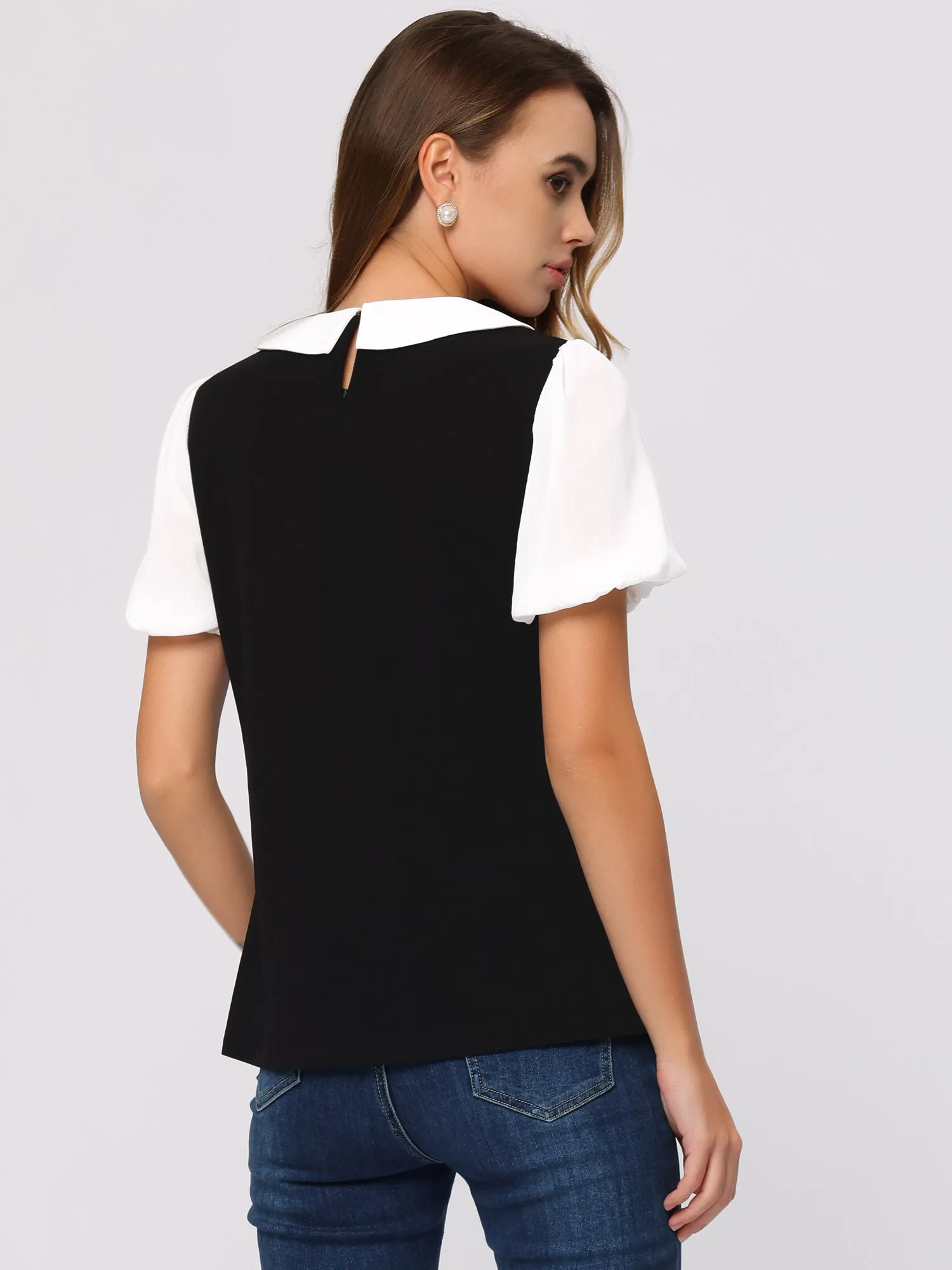 Peter Pan Collar Blouse Contrast Puff Short Sleeve Summer Top sold by Allegra K product image thumbnail 3