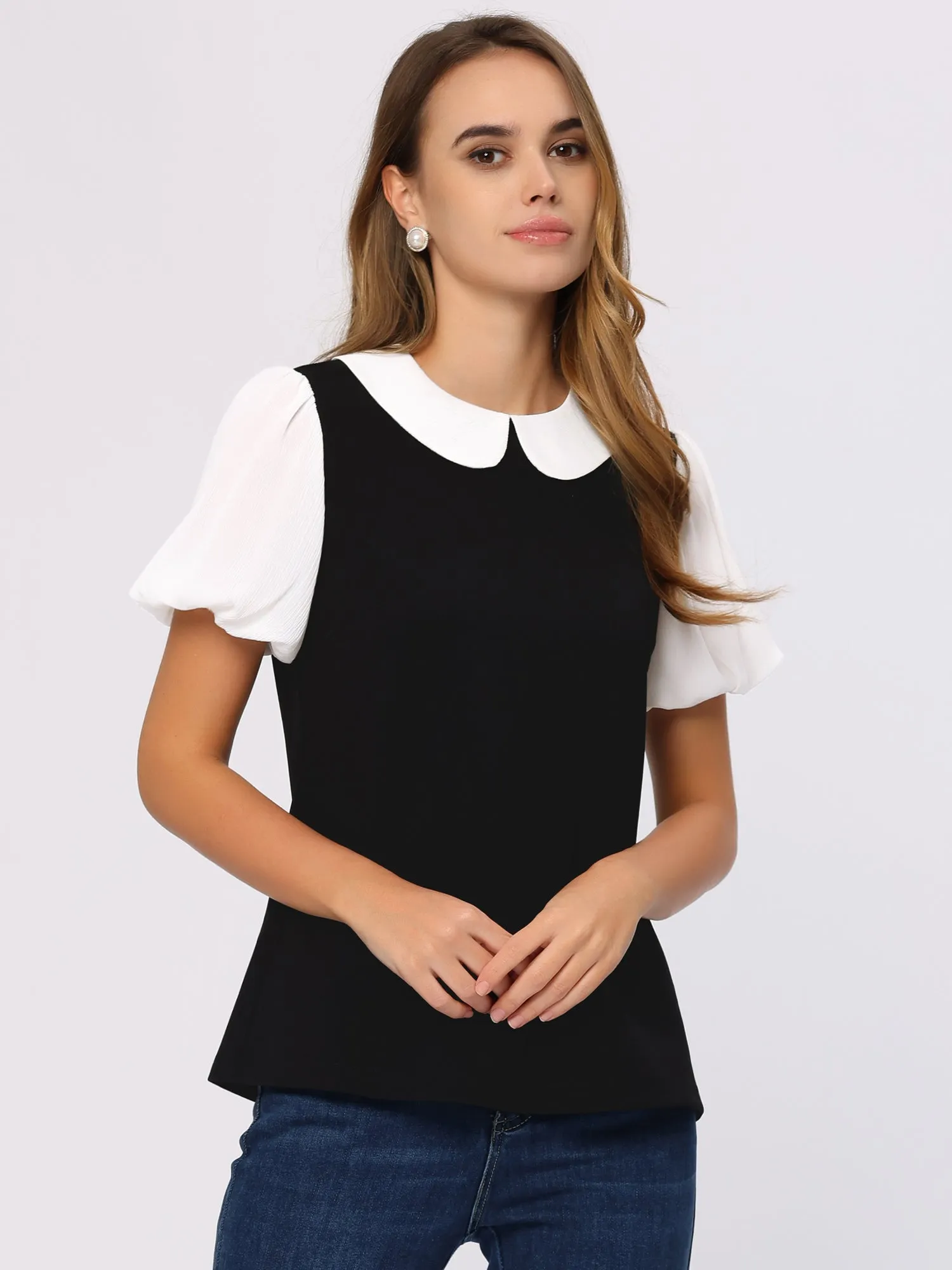 Peter Pan Collar Blouse Contrast Puff Short Sleeve Summer Top sold by Allegra K product image thumbnail 4